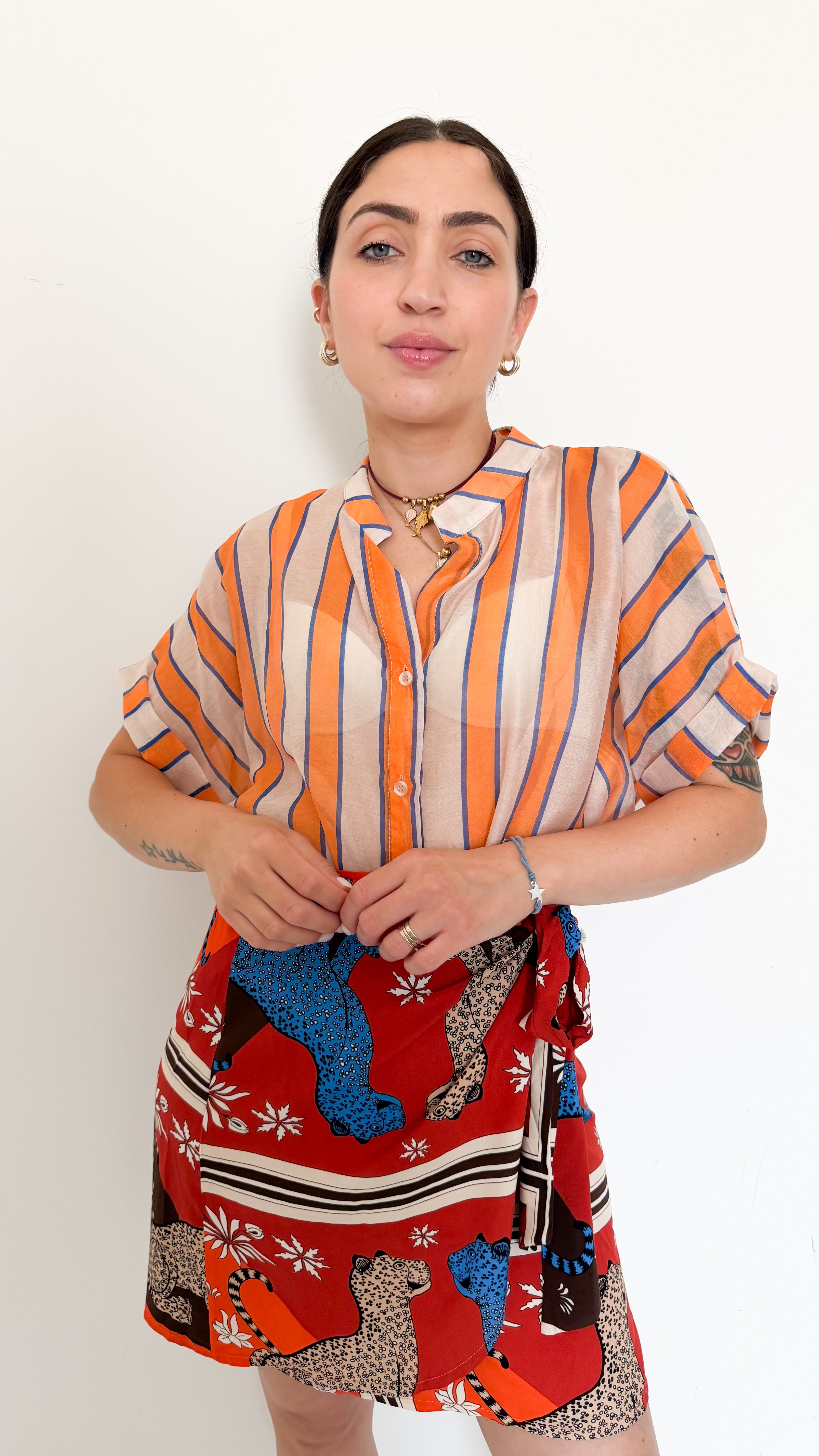 Camicia Mezza Manica A Righe Arancio