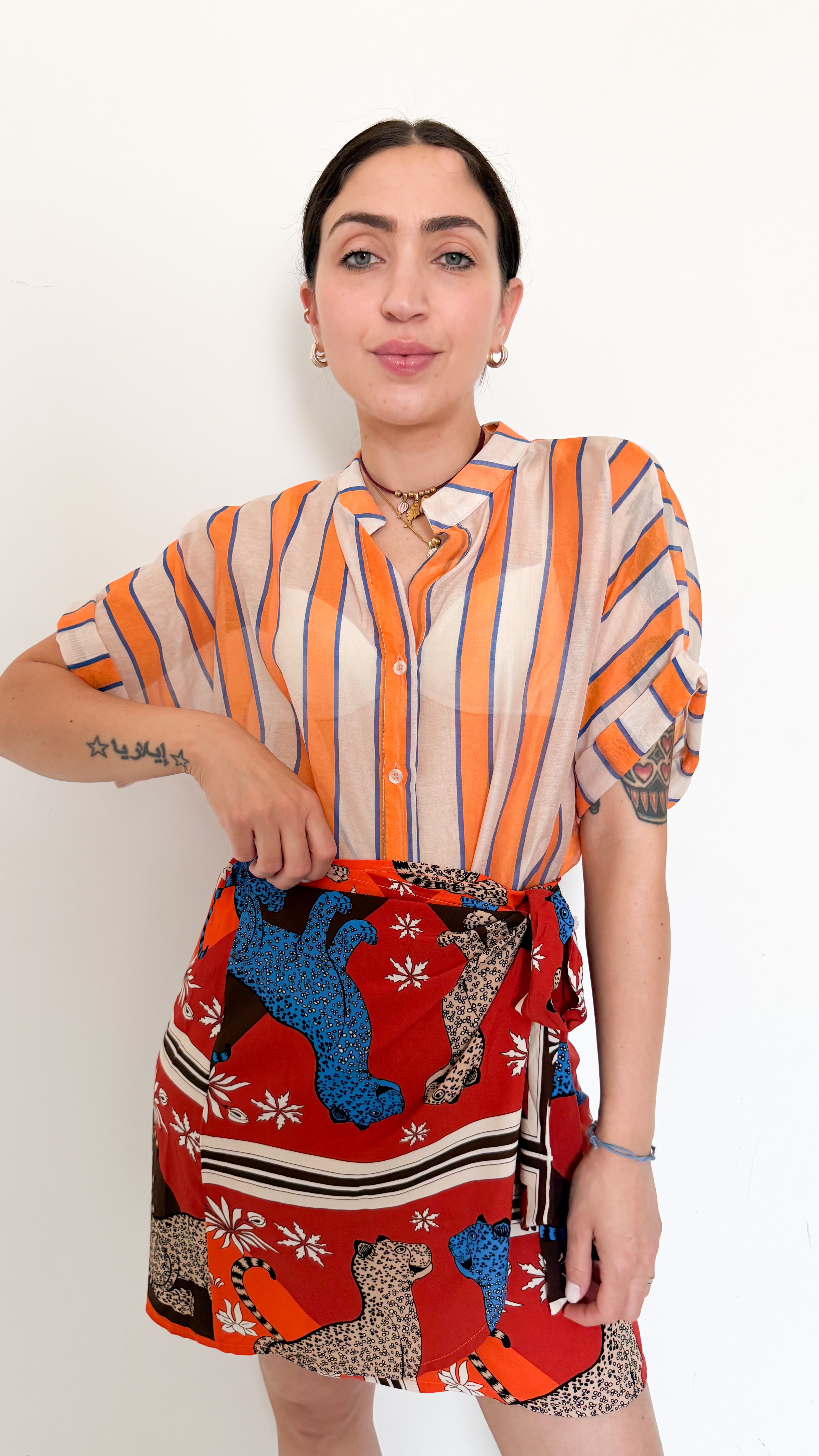 Camicia Mezza Manica A Righe Arancio