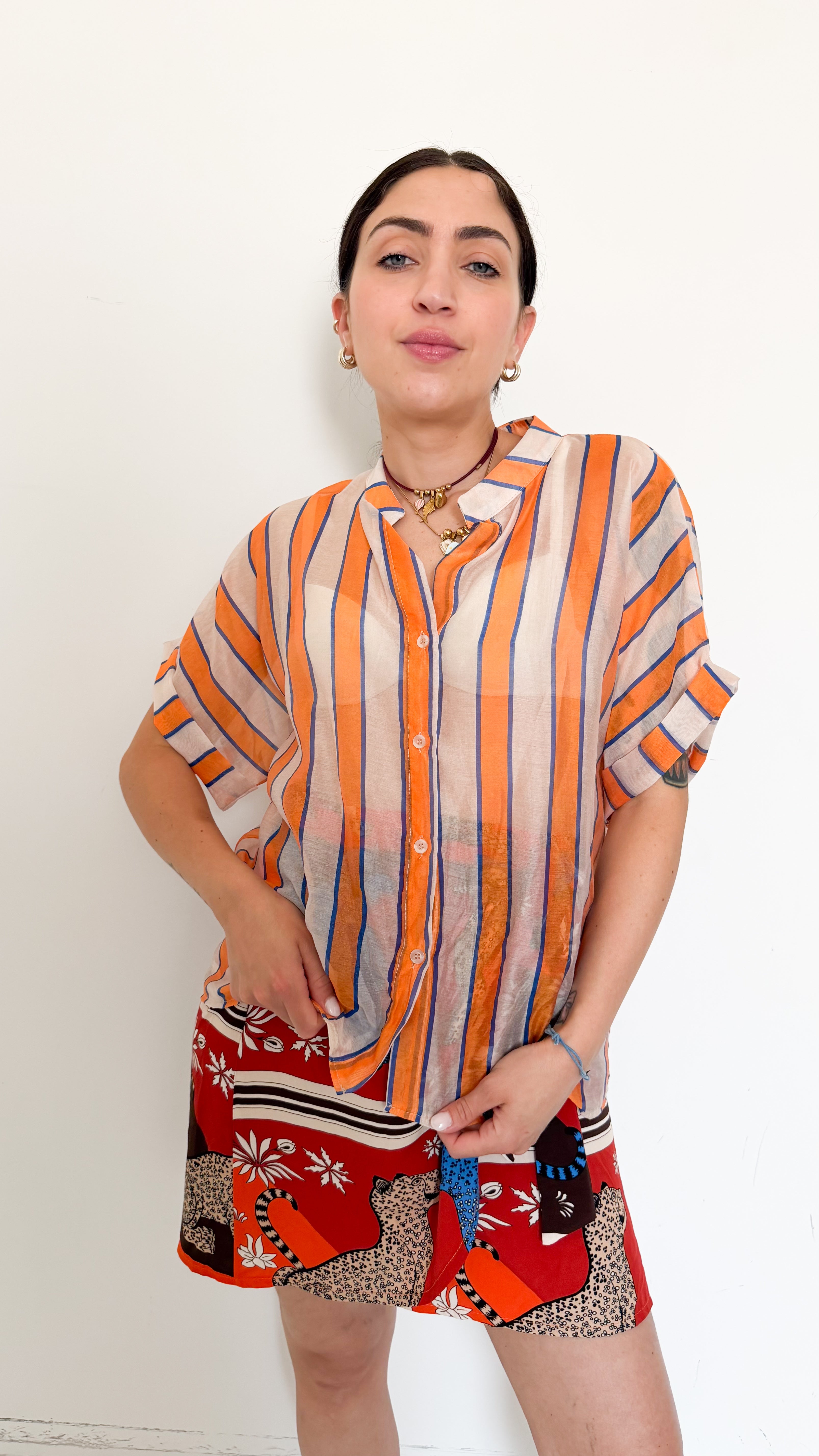Camicia Mezza Manica A Righe Arancio