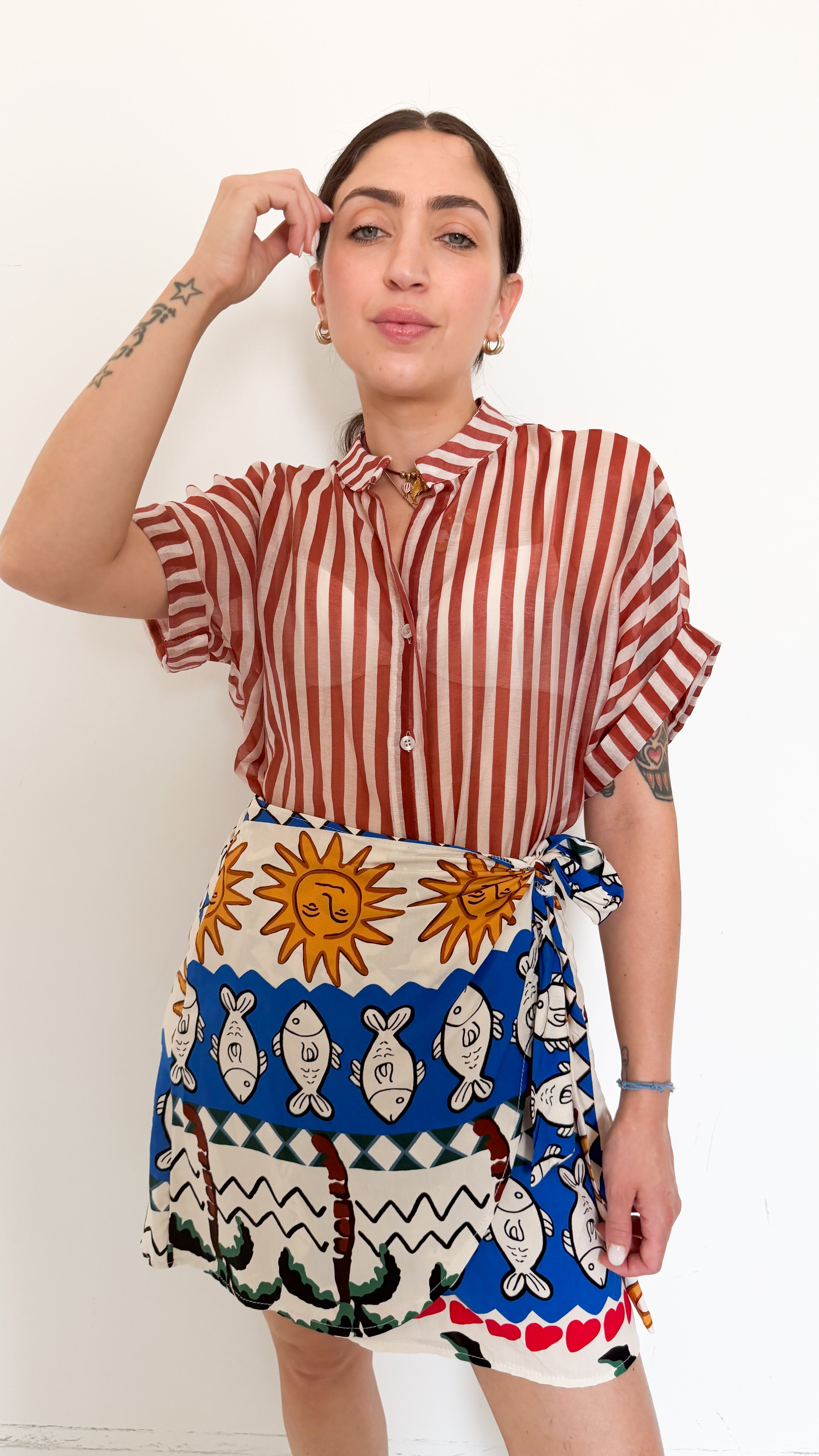 Camicia Mezza Manica A Righe Bordeaux
