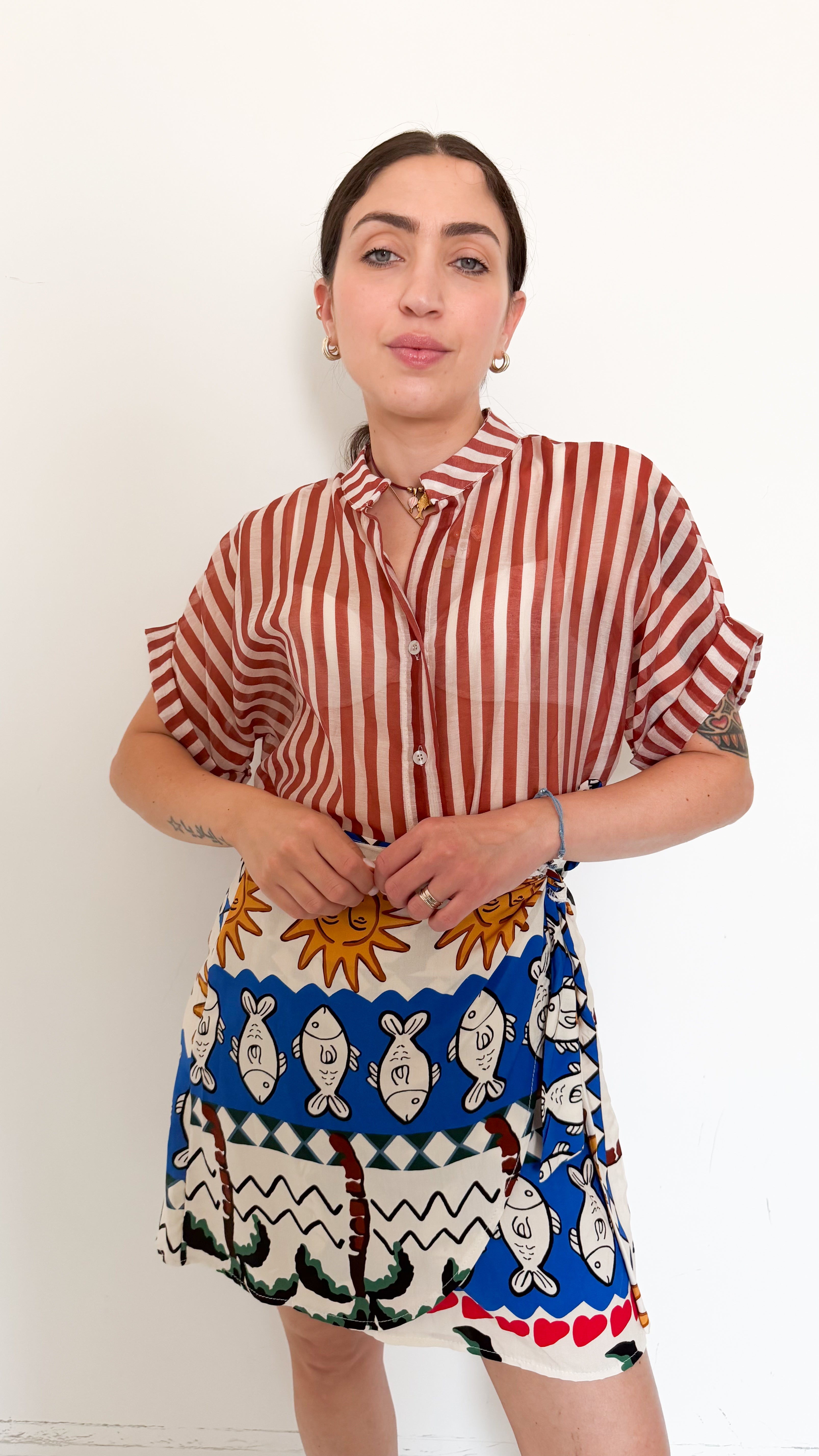Camicia Mezza Manica A Righe Bordeaux