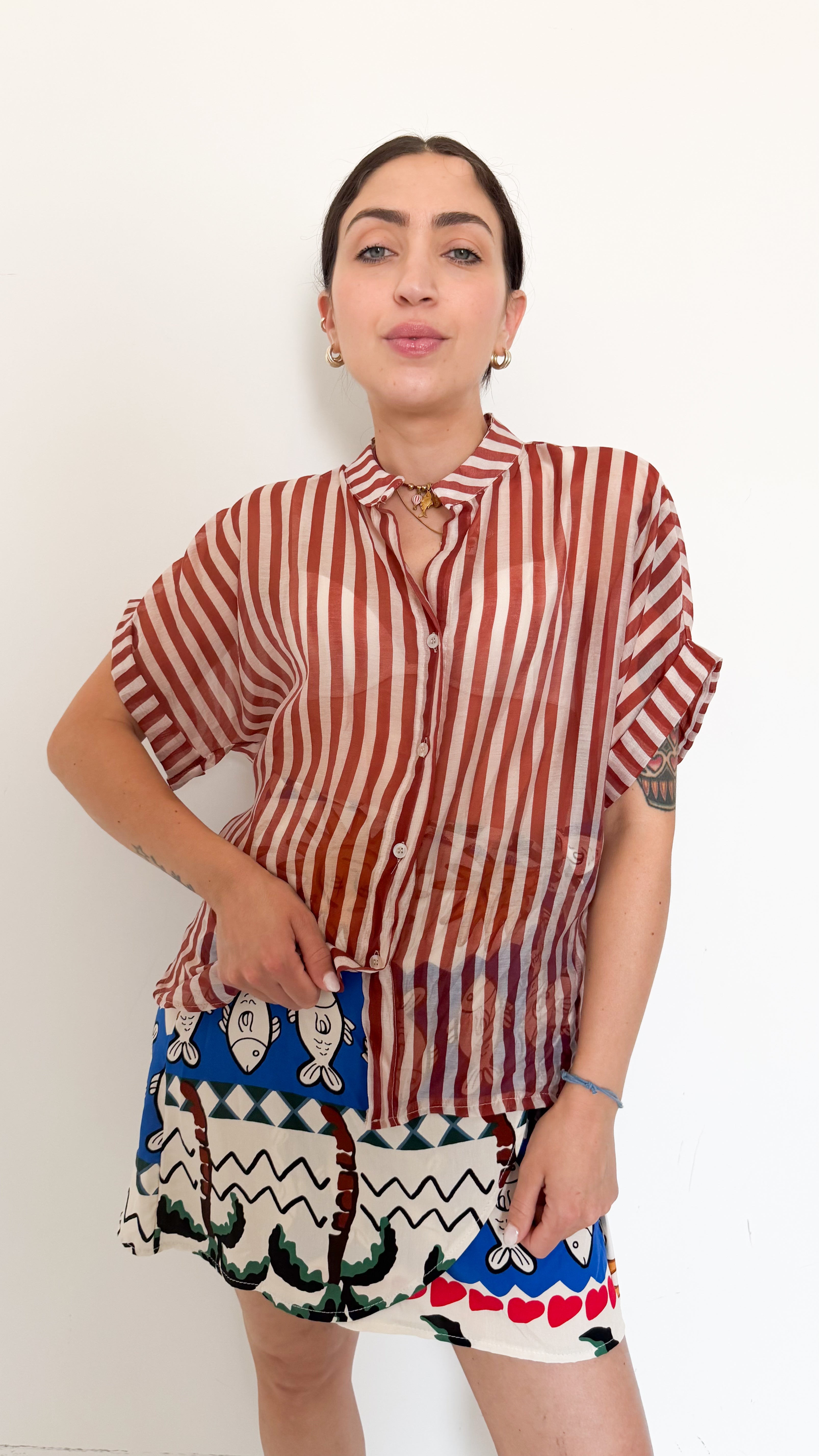 Camicia Mezza Manica A Righe Bordeaux