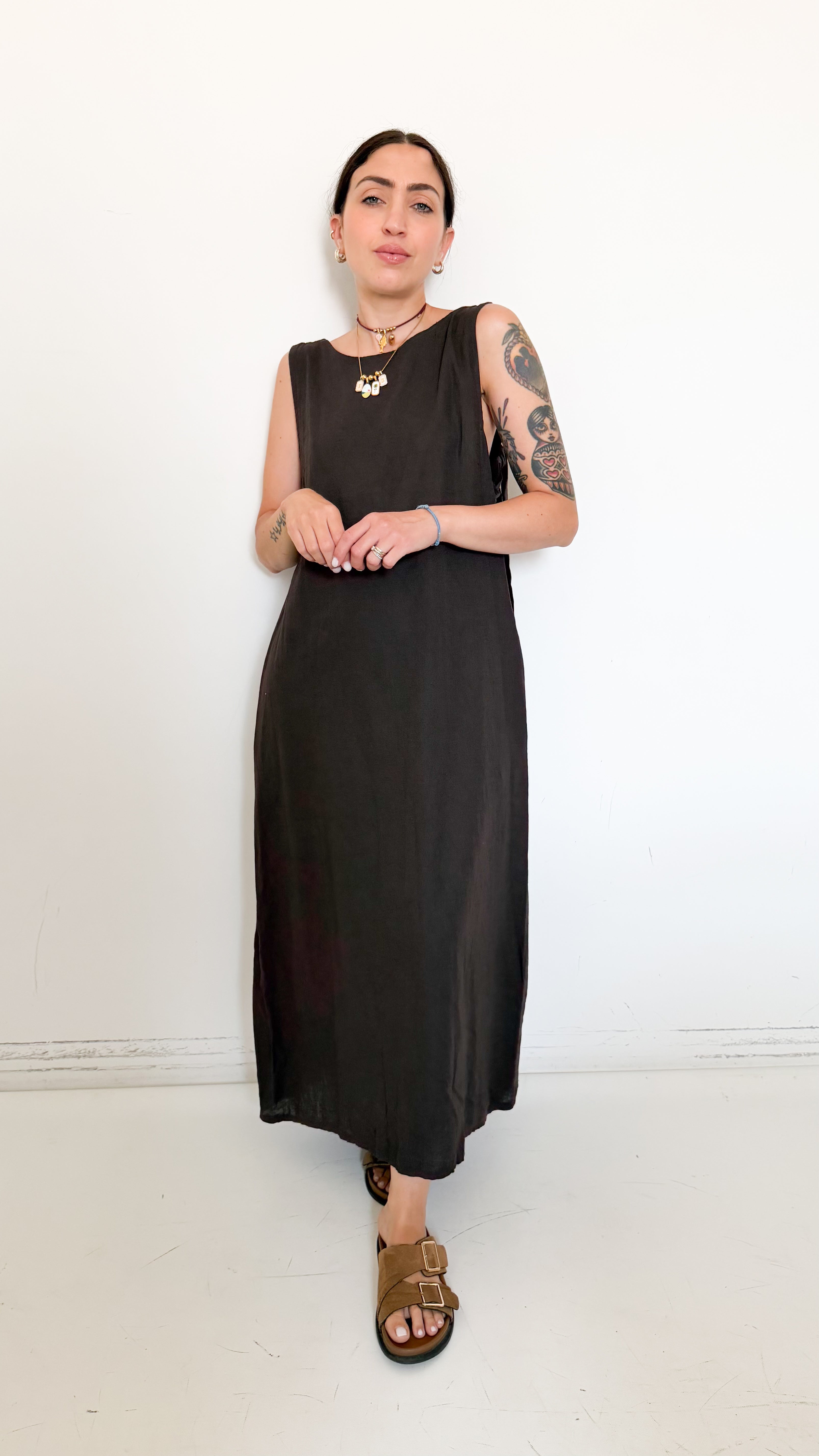 Vestito Misto Lino Marrone