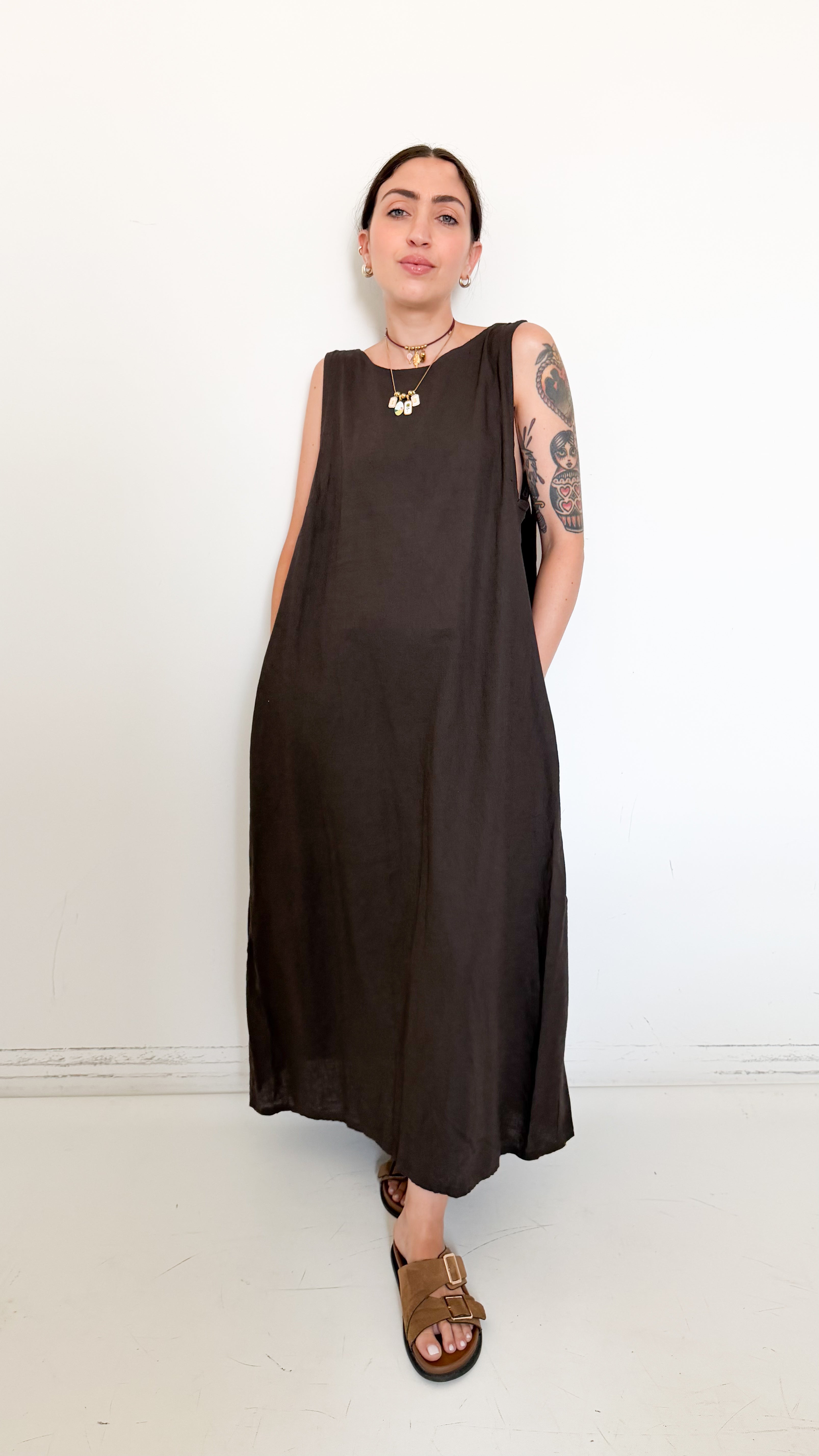 Vestito Misto Lino Marrone