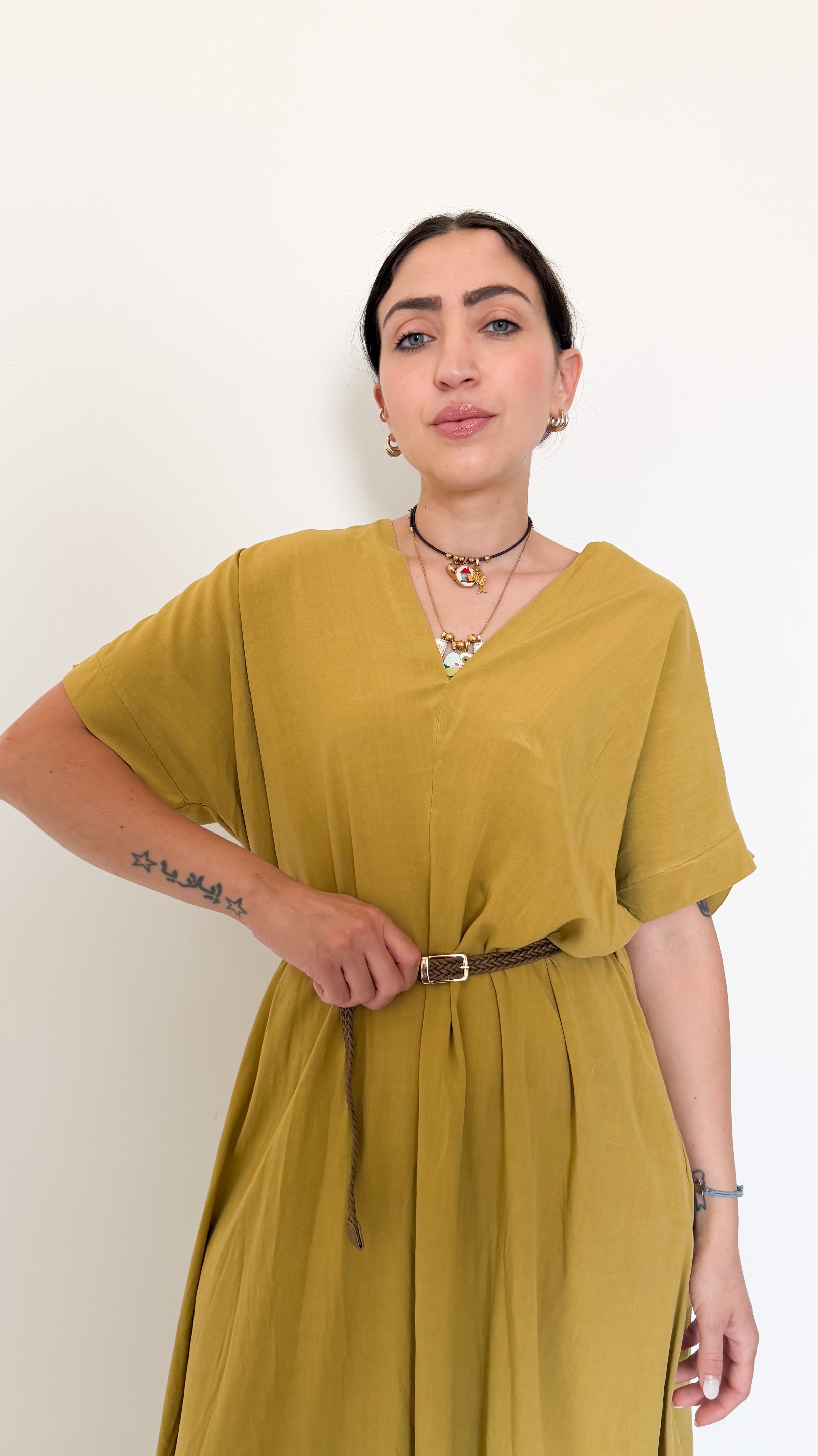 Vestito Senape Scollo A Punta