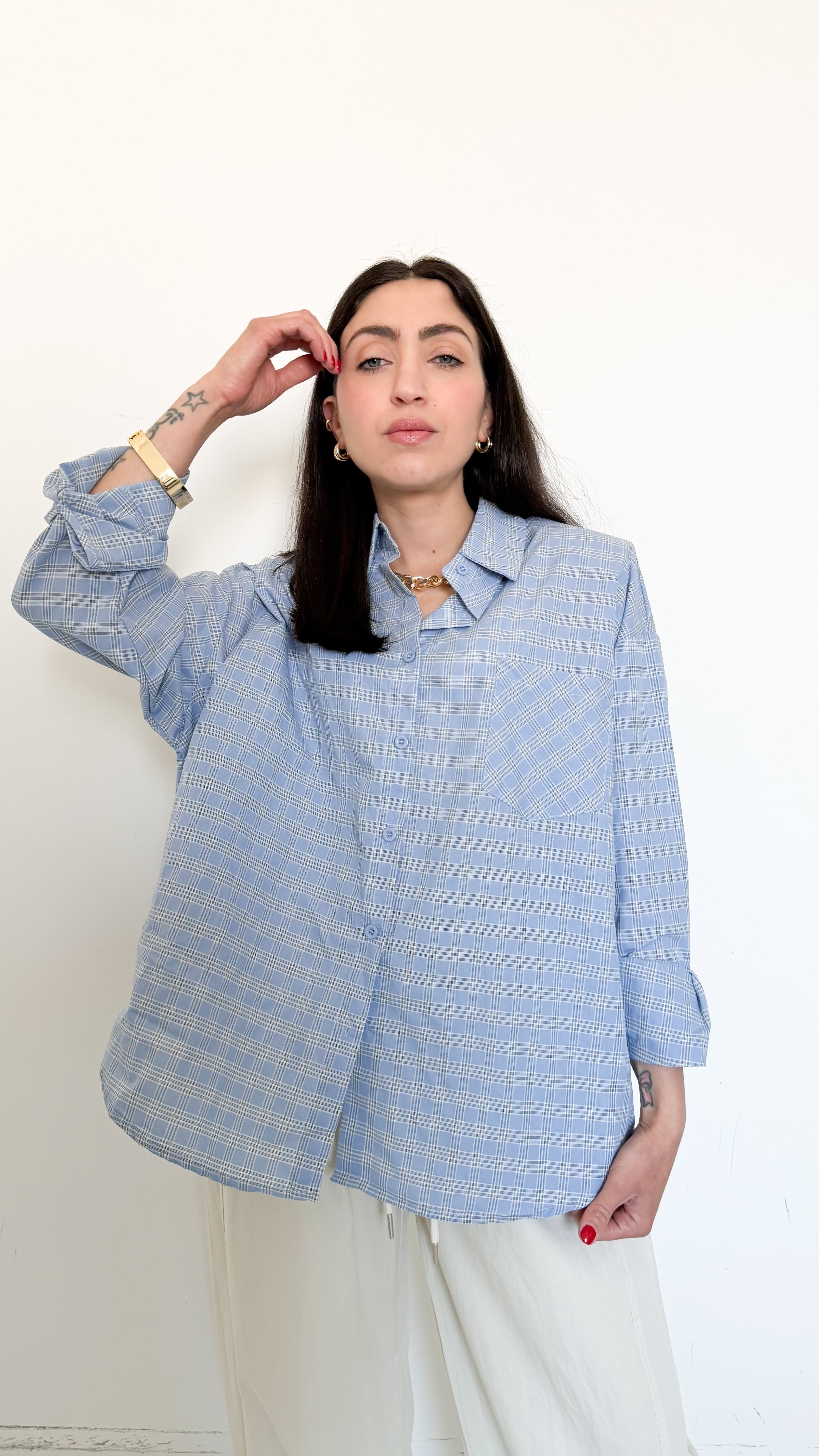 Camicia Celeste A Fantasia Con Spalline