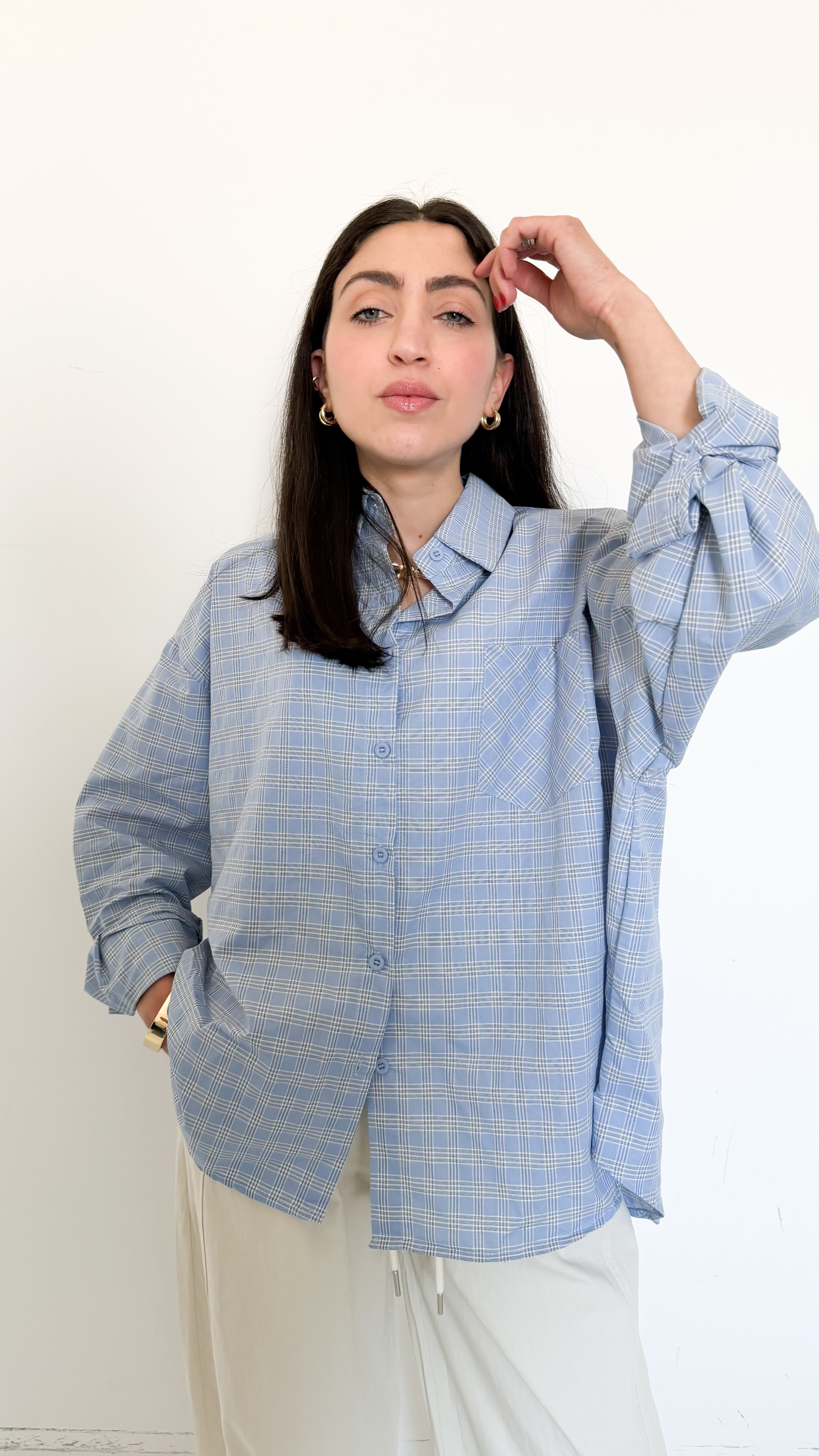 Camicia Celeste A Fantasia Con Spalline