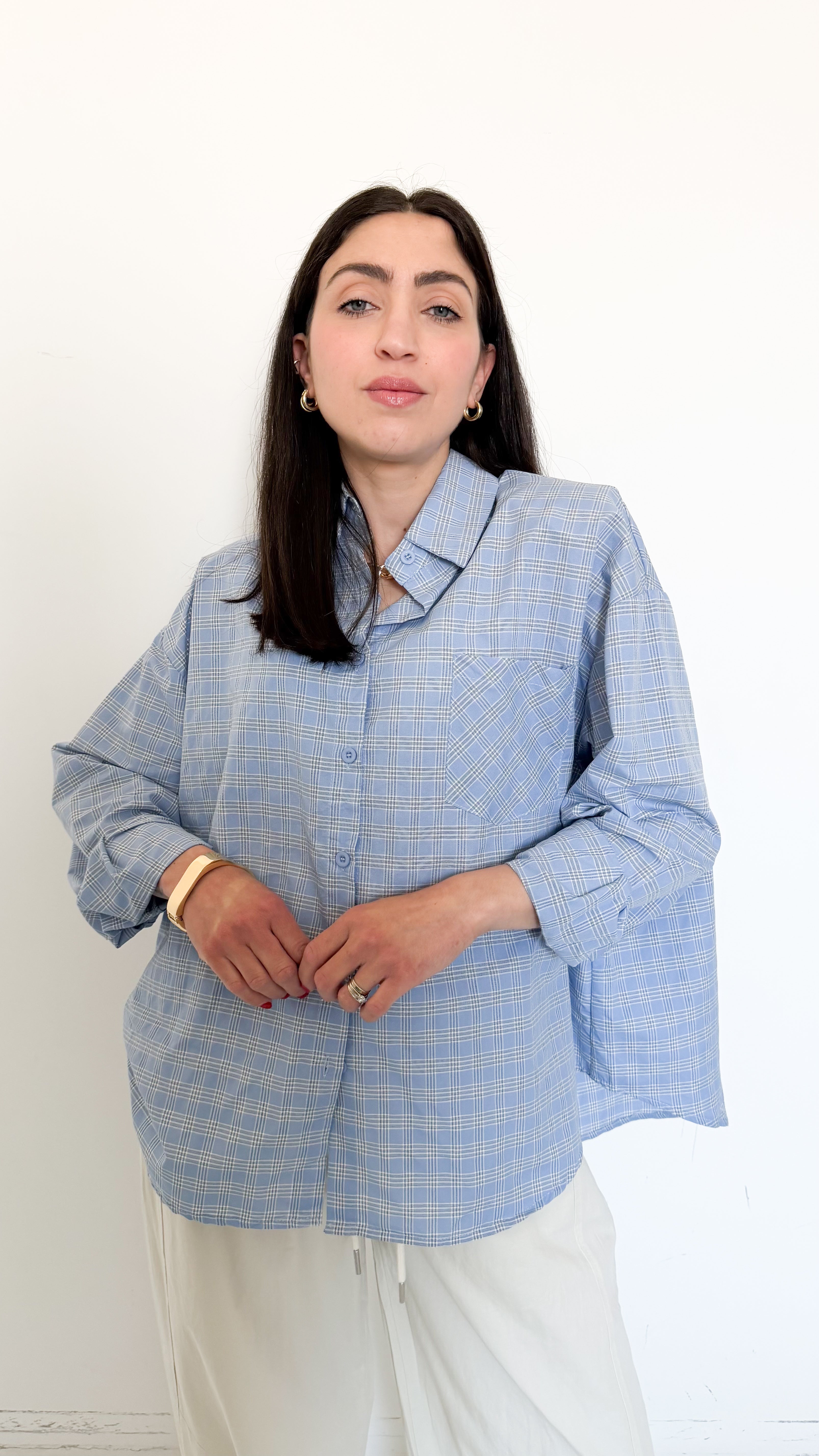 Camicia Celeste A Fantasia Con Spalline