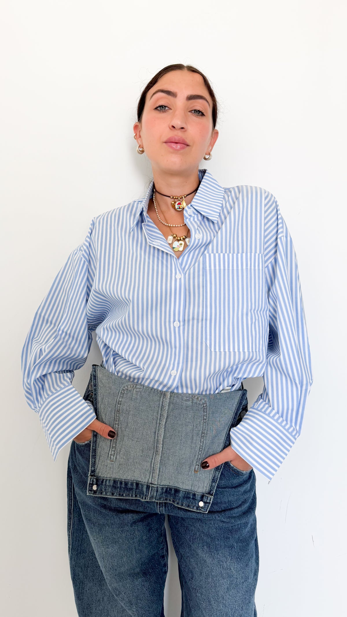 Camicia Celeste A Righe Bastoncino