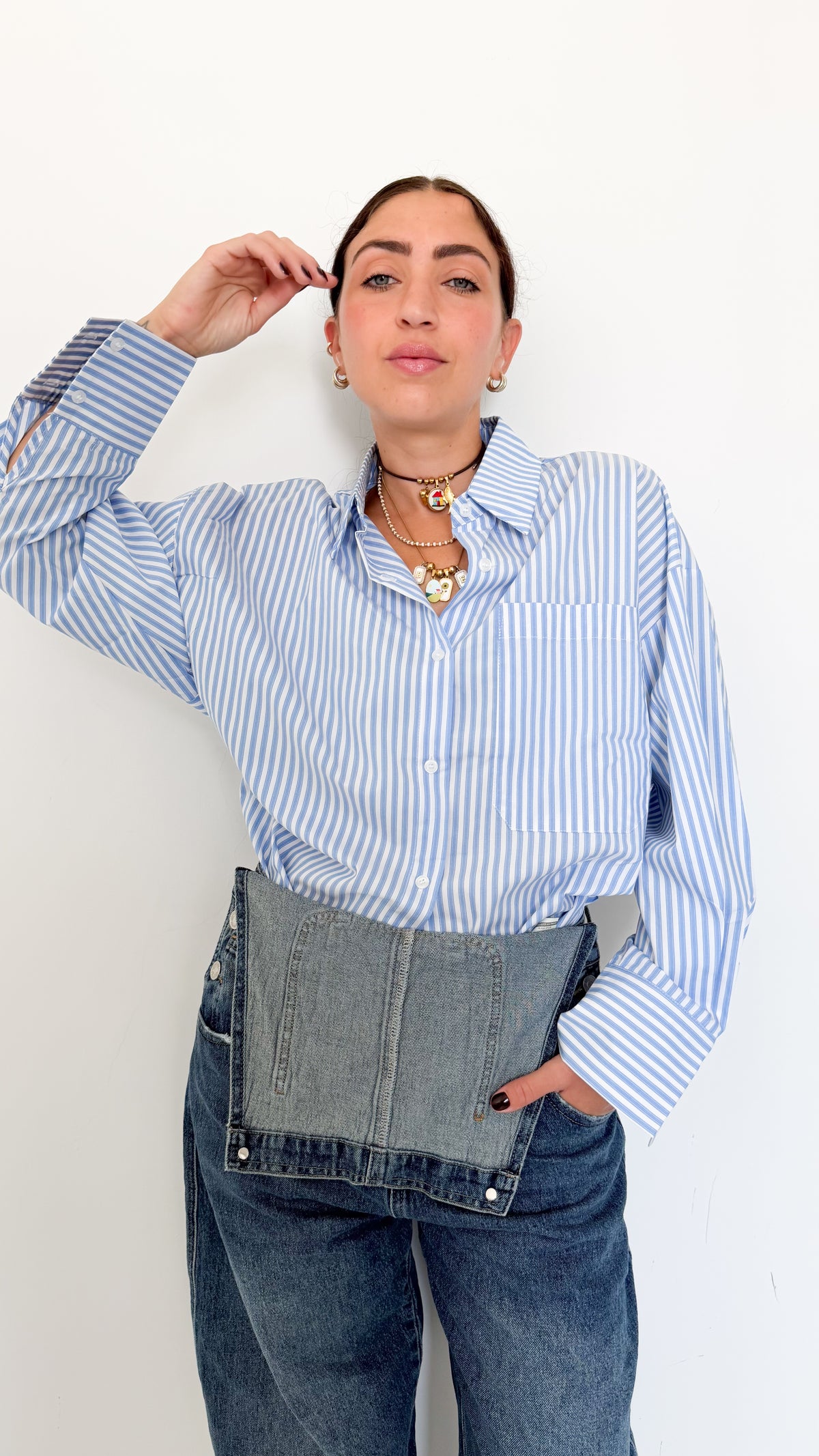 Camicia Celeste A Righe Bastoncino