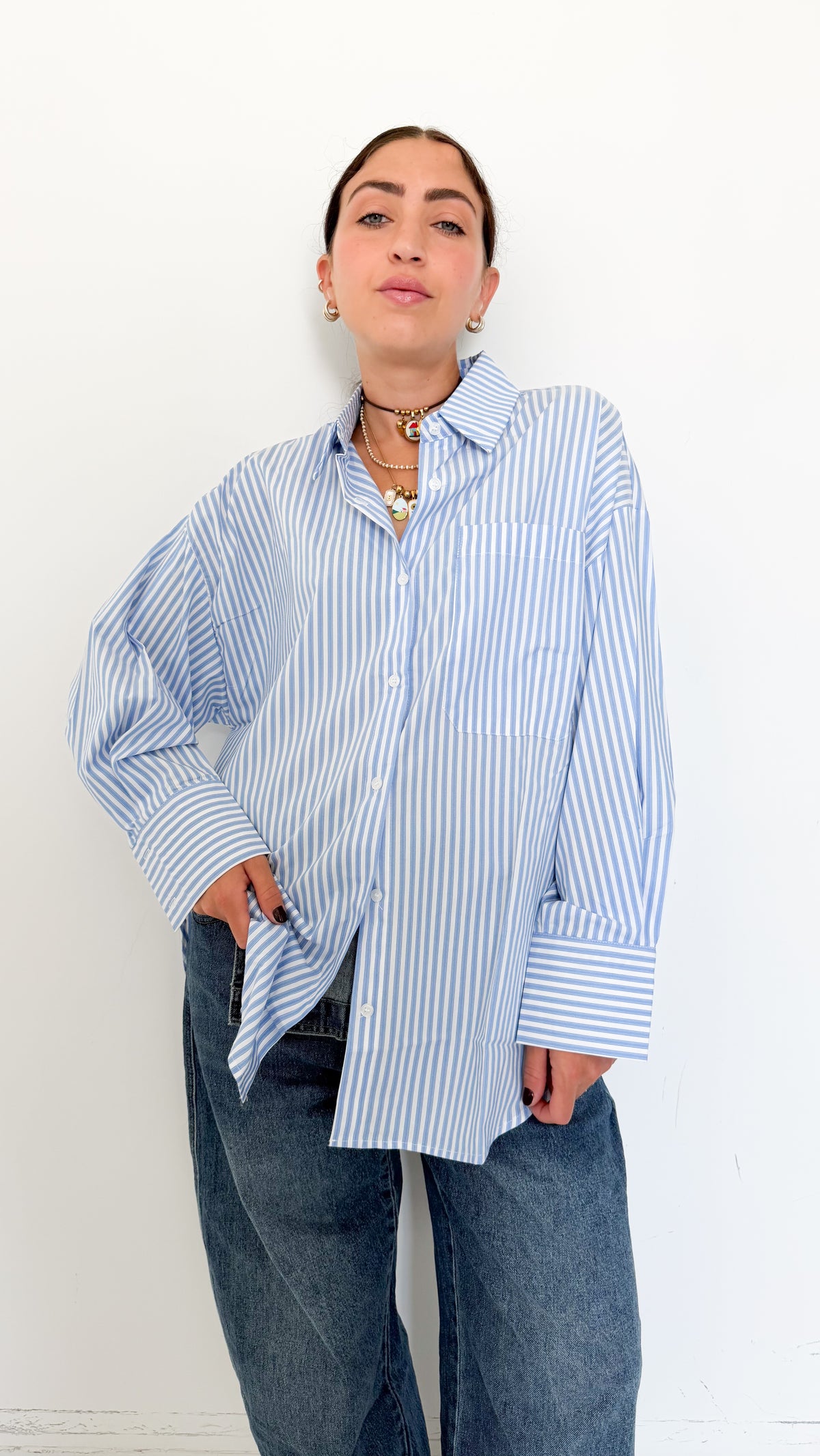Camicia Celeste A Righe Bastoncino