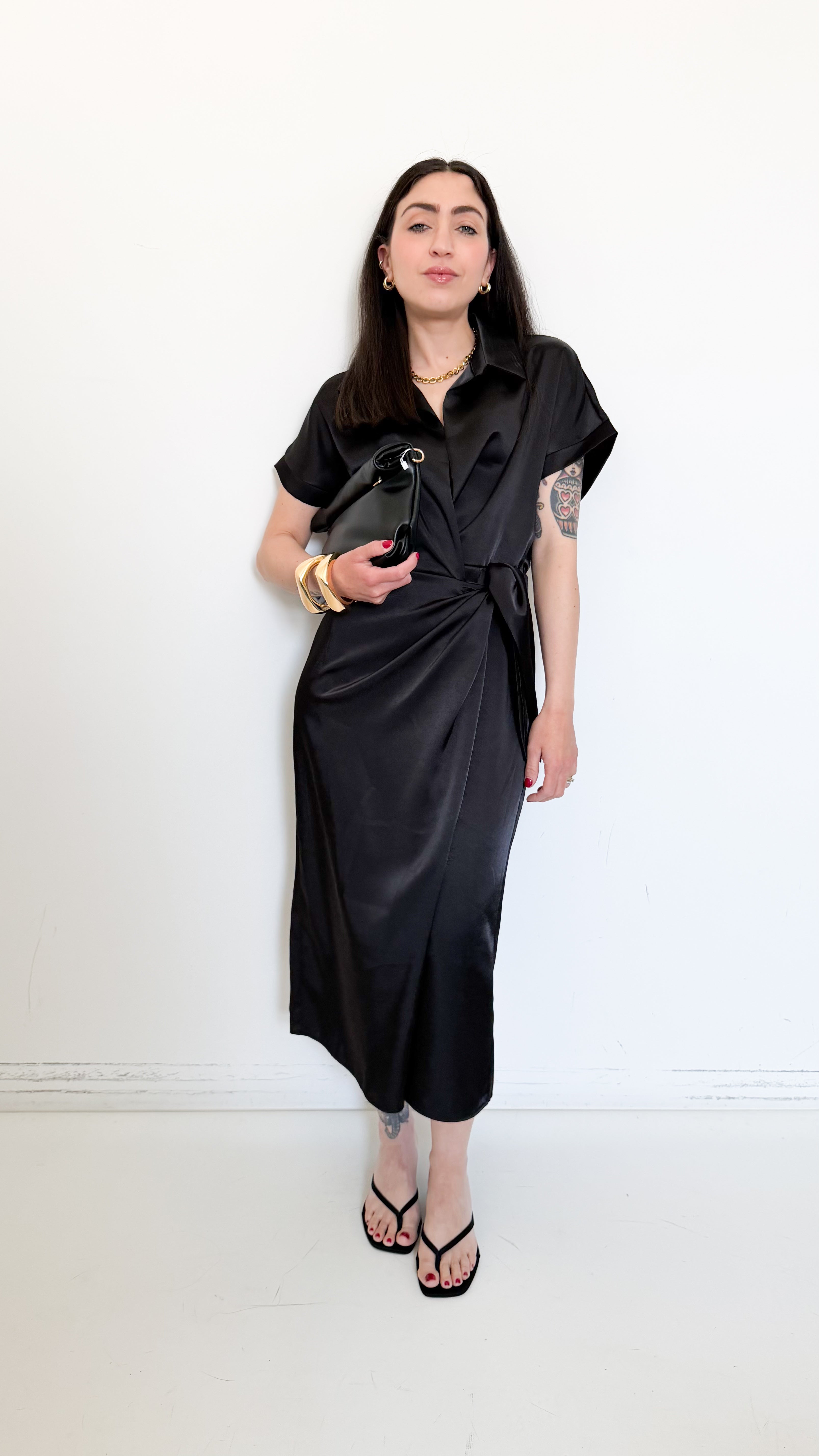 Vestito Nero A Portafoglio In Satin