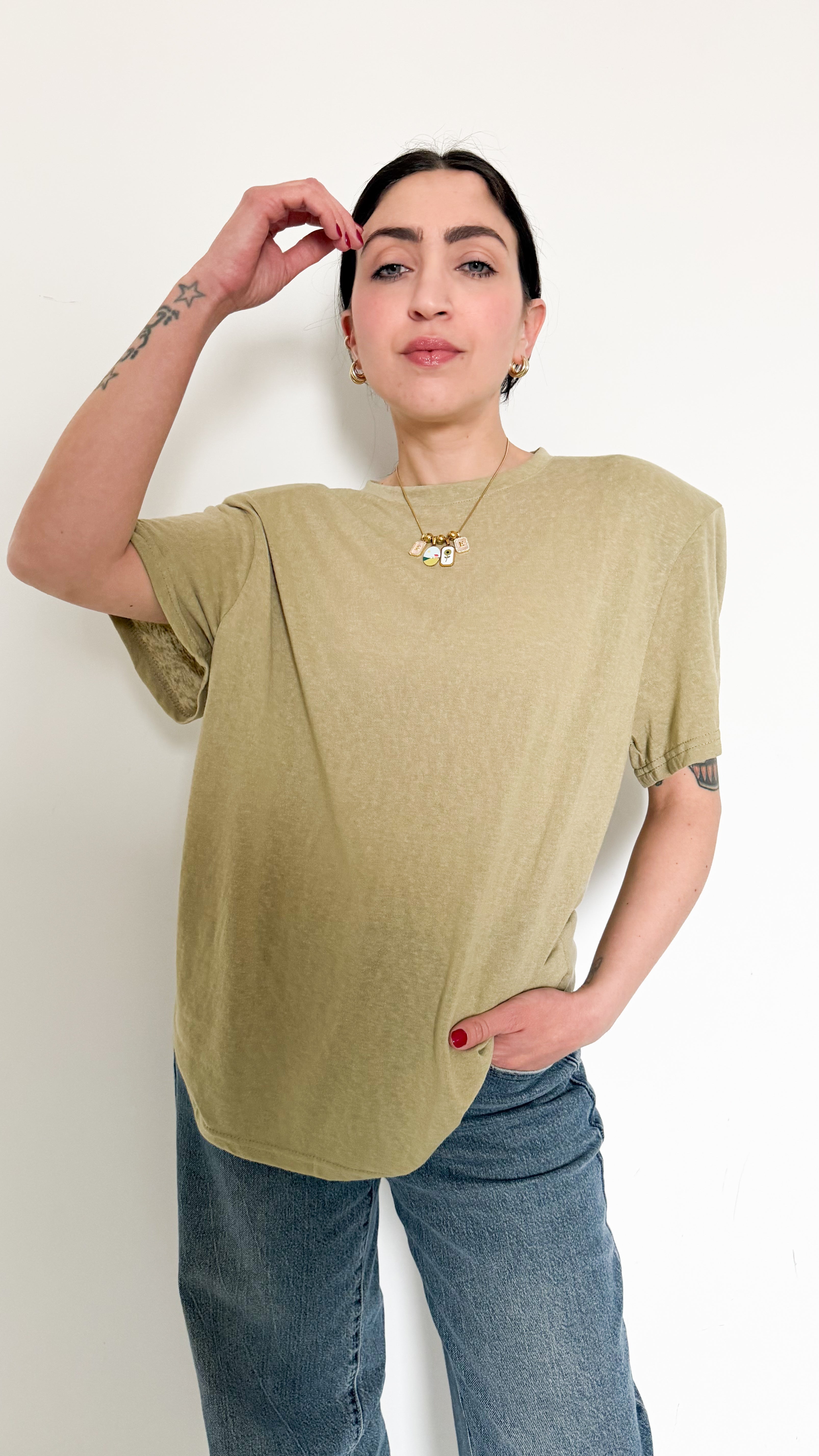 T-Shirt Velata Verde Con Spalline