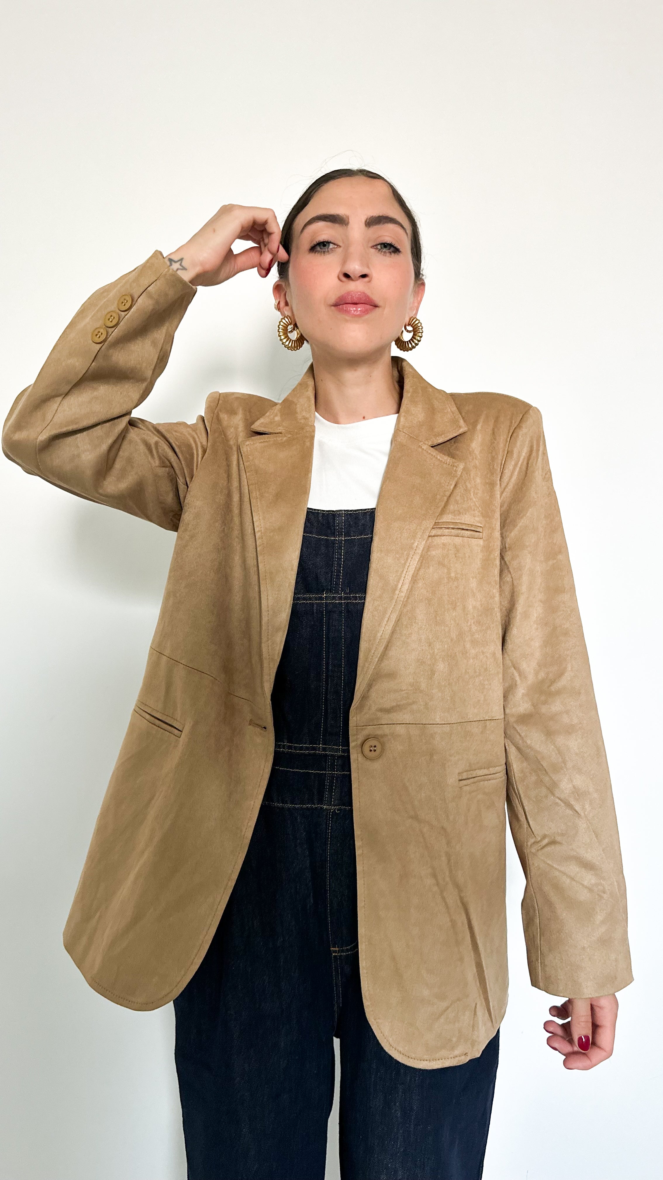 Blazer Monopetto Effetto Scamosciato Beige