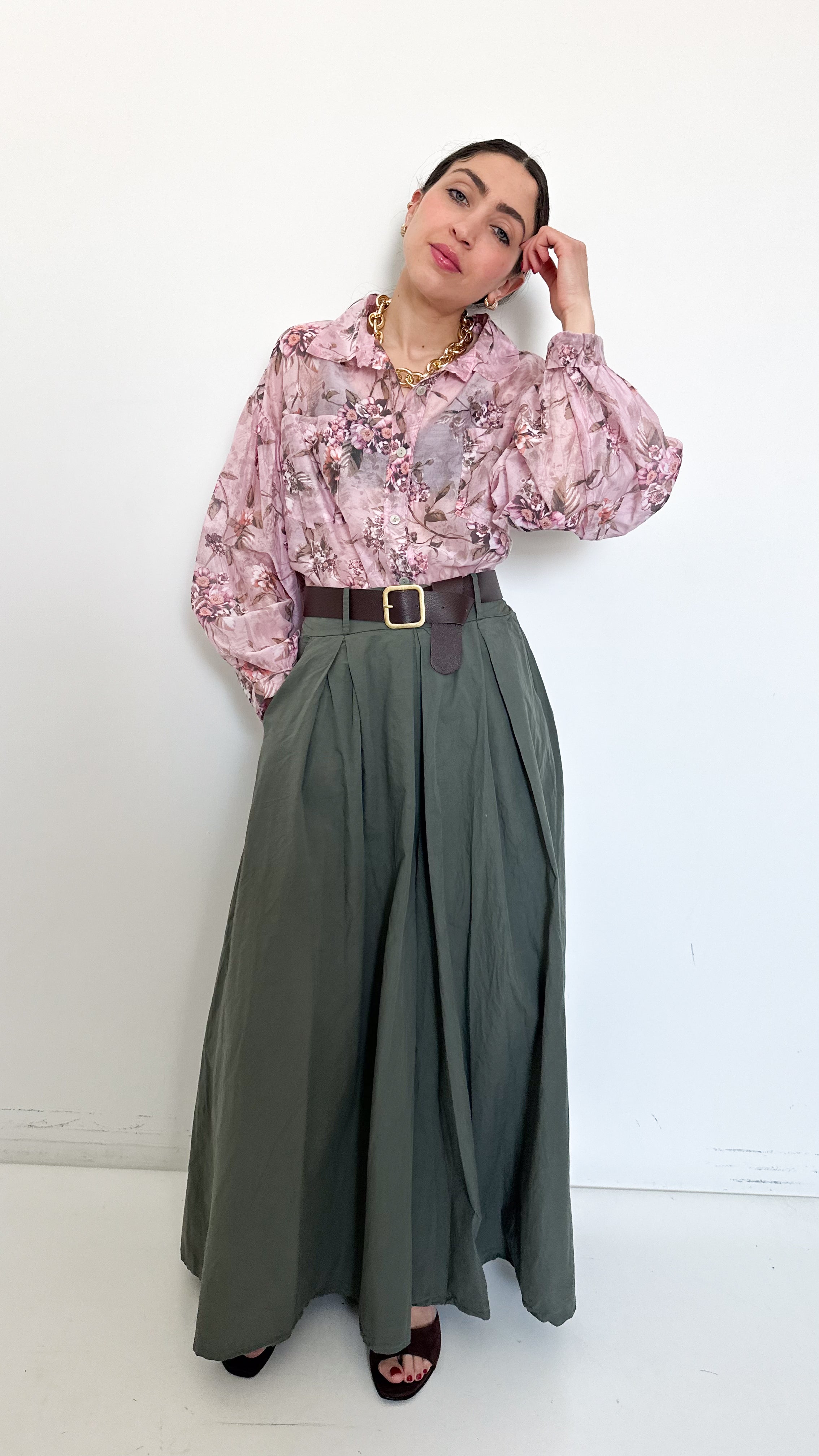 Pantaloni Palazzo Con Pinces Verdi