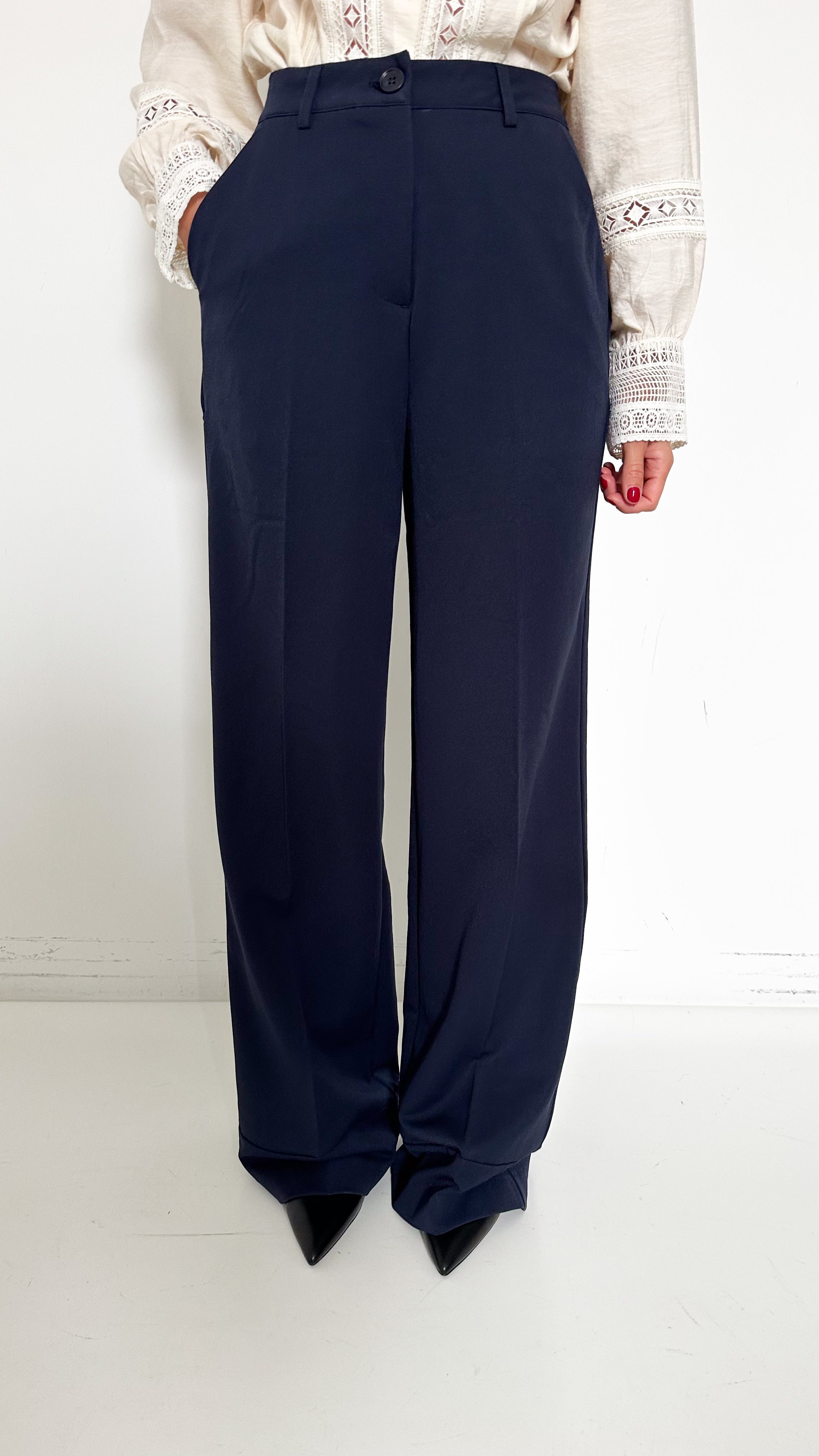 Pantaloni Palazzo Blu Con Risvolto