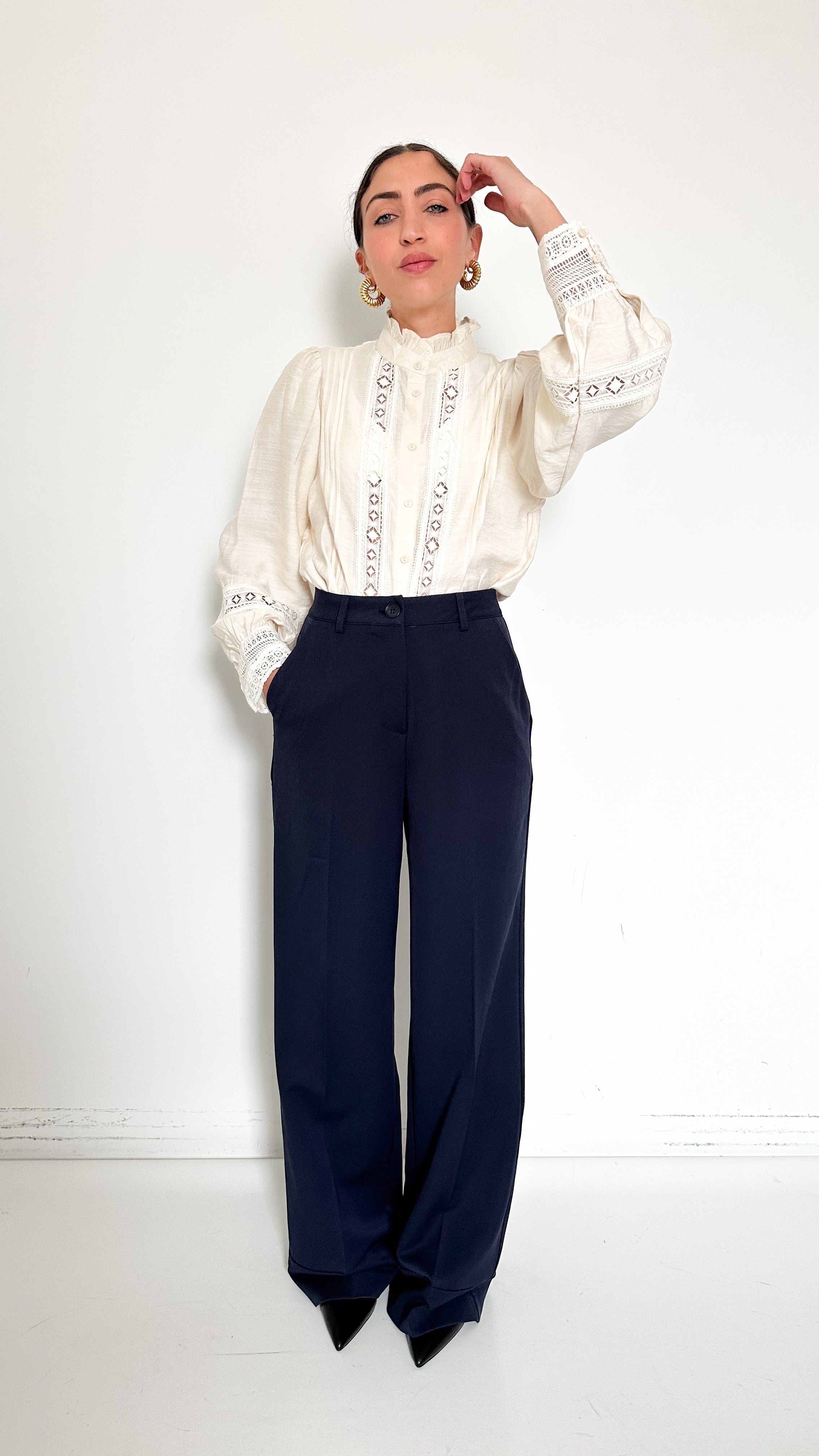 Pantaloni Palazzo Blu Con Risvolto