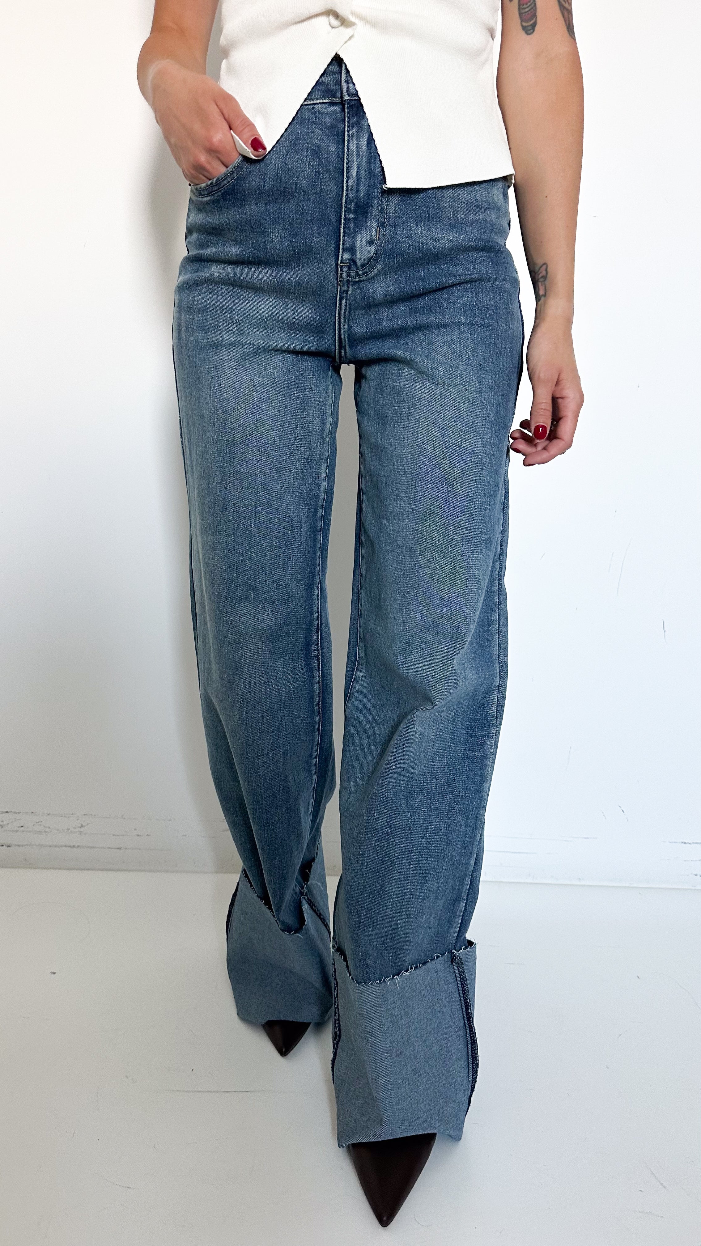 Jeans Wide Baggy Con Risvolto