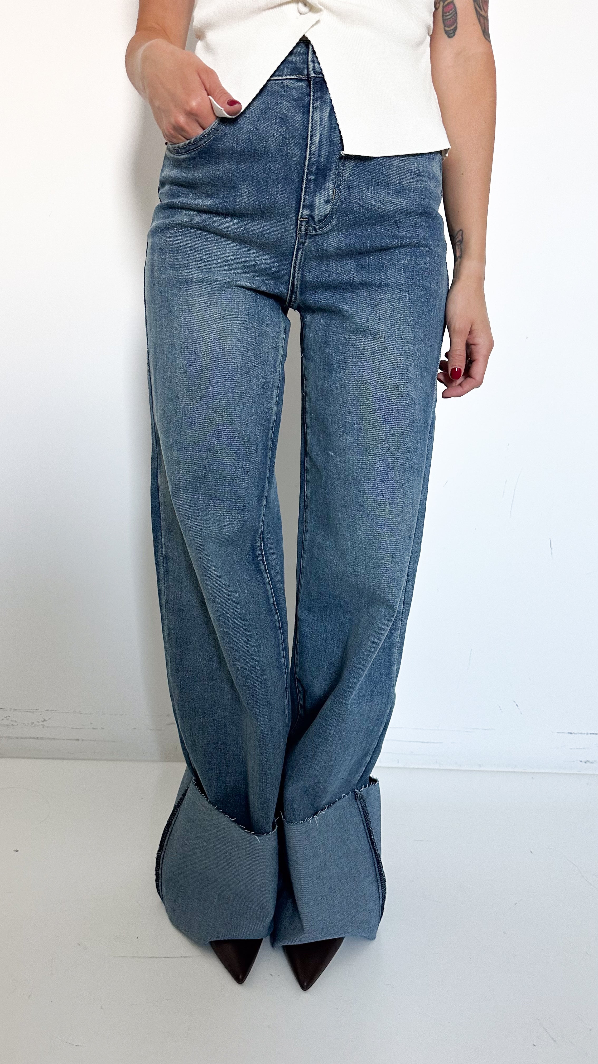Jeans Wide Baggy Con Risvolto