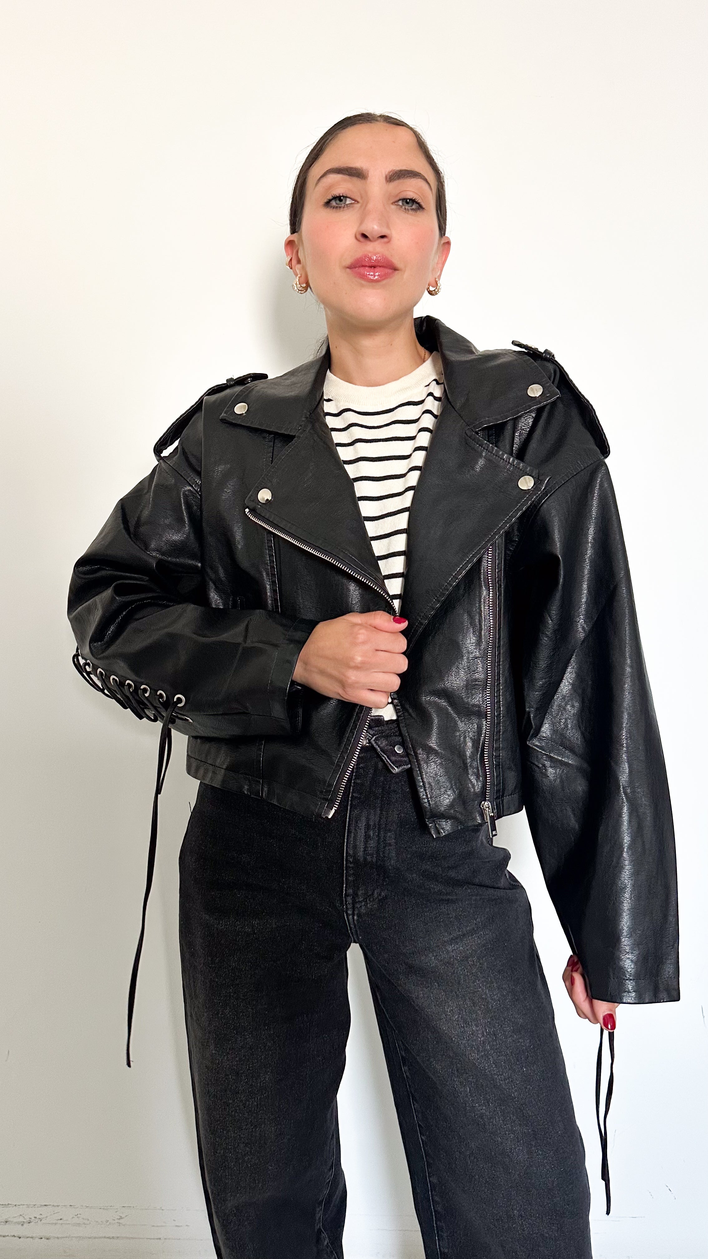 Giubbotto Biker Con Lacci Nero