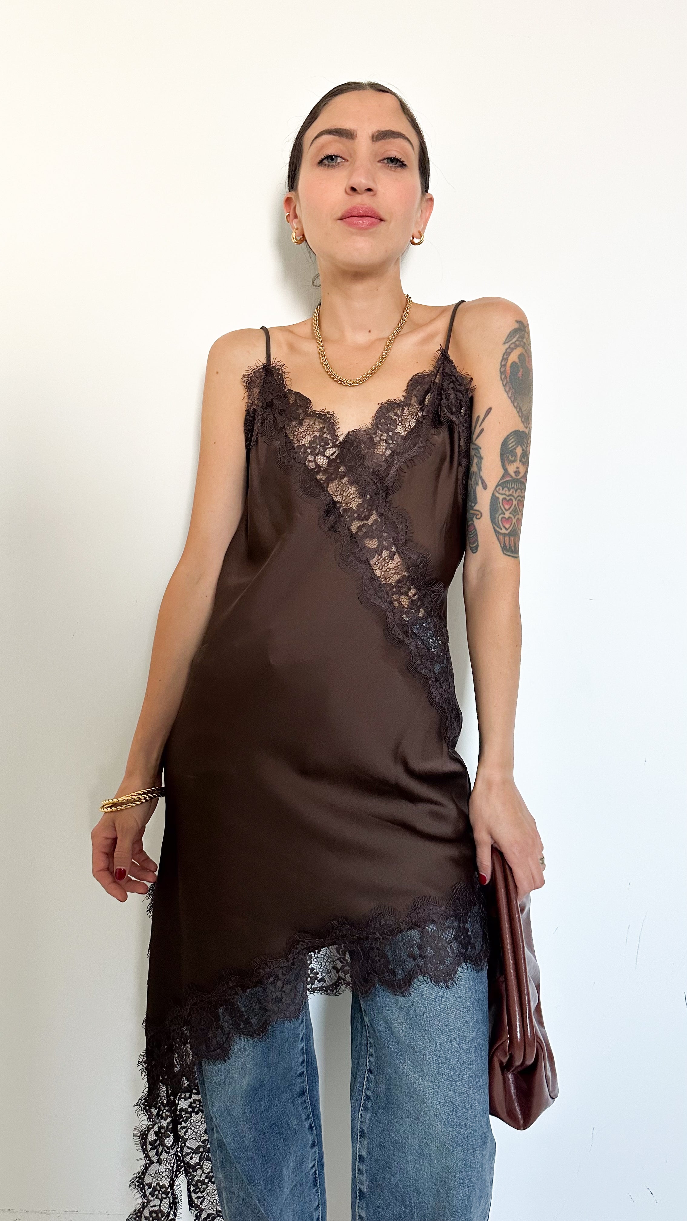 Top In Satin Marrone Con Pizzo