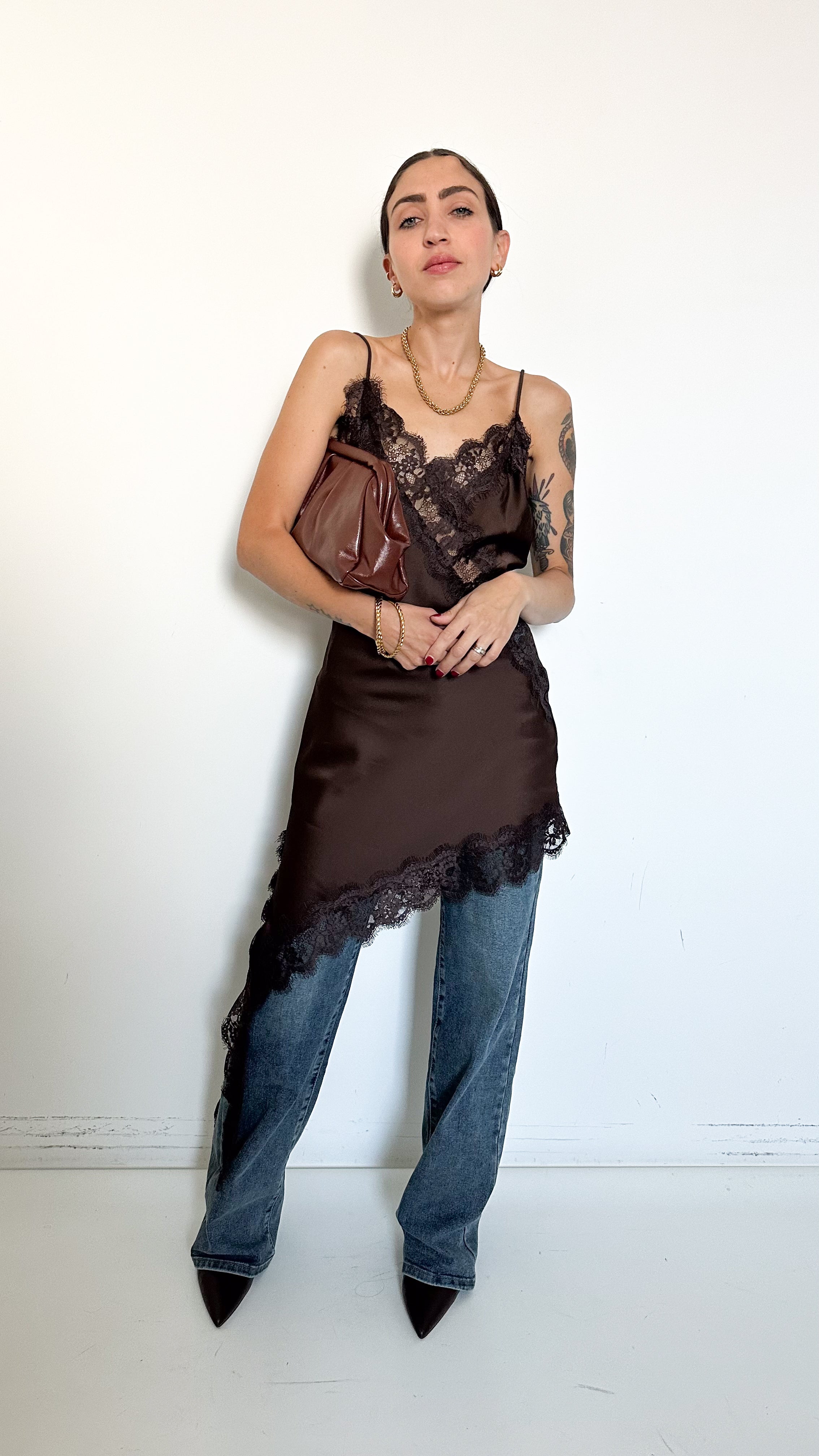 Top In Satin Marrone Con Pizzo