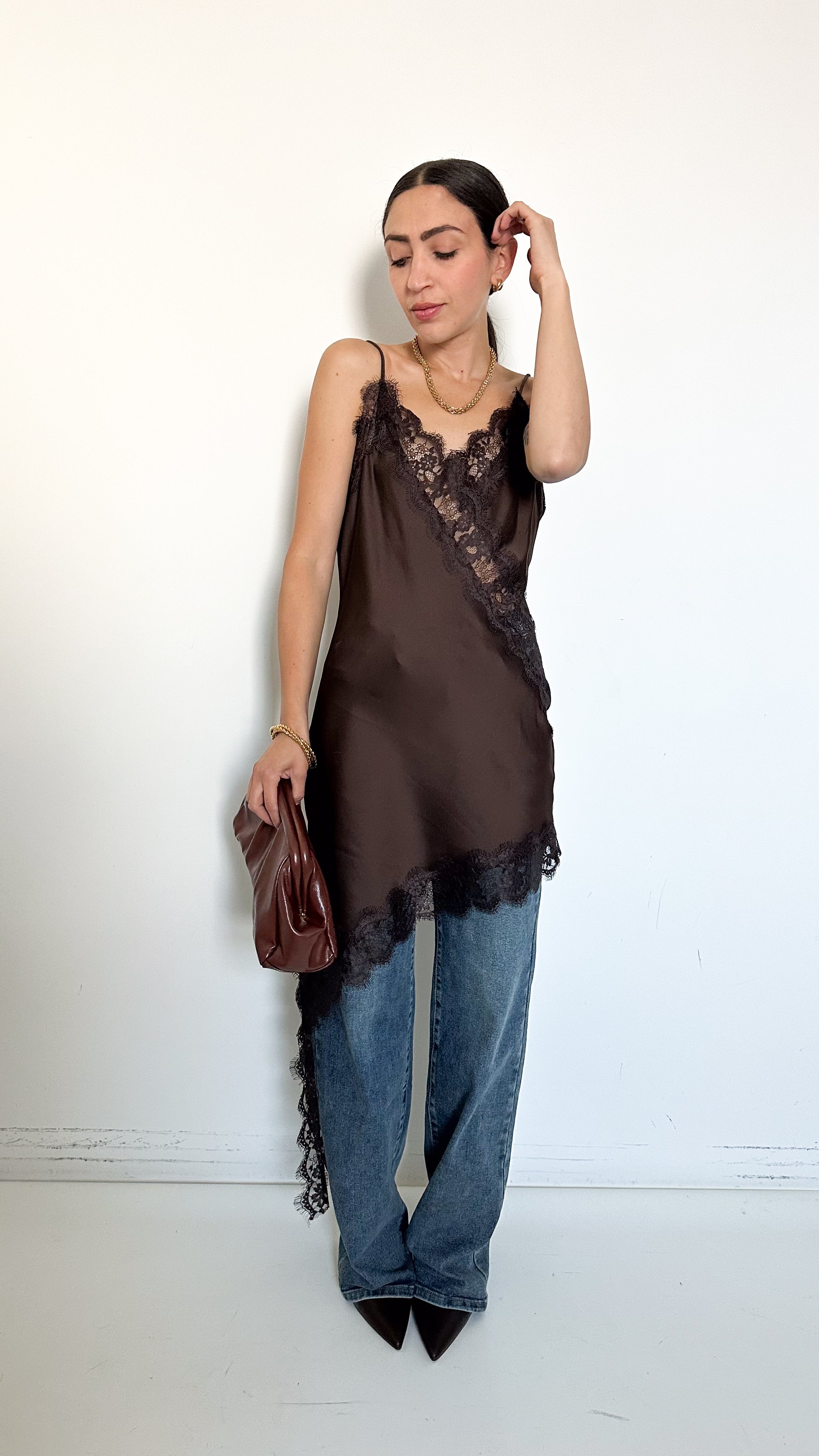 Top In Satin Marrone Con Pizzo