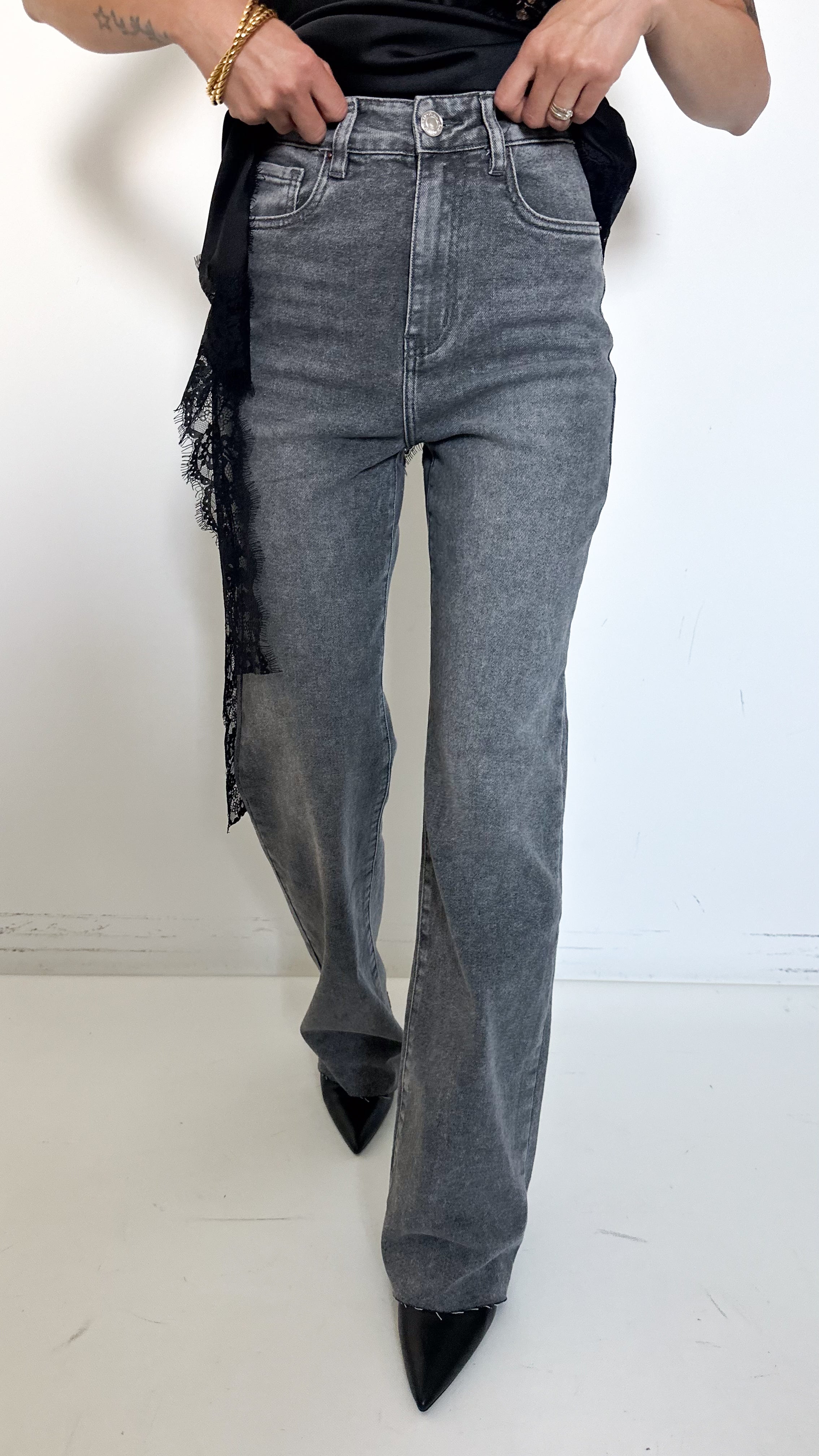 Jeans Wide Leg Grigio Taglio Vivo