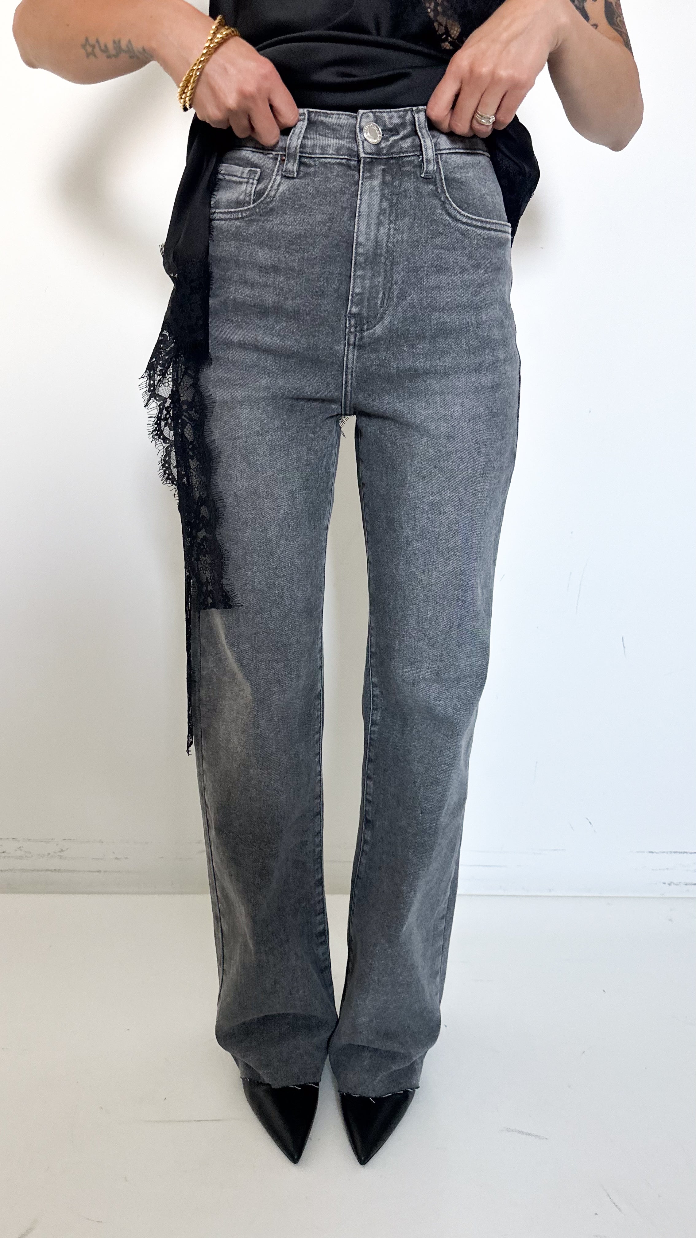 Jeans Wide Leg Grigio Taglio Vivo