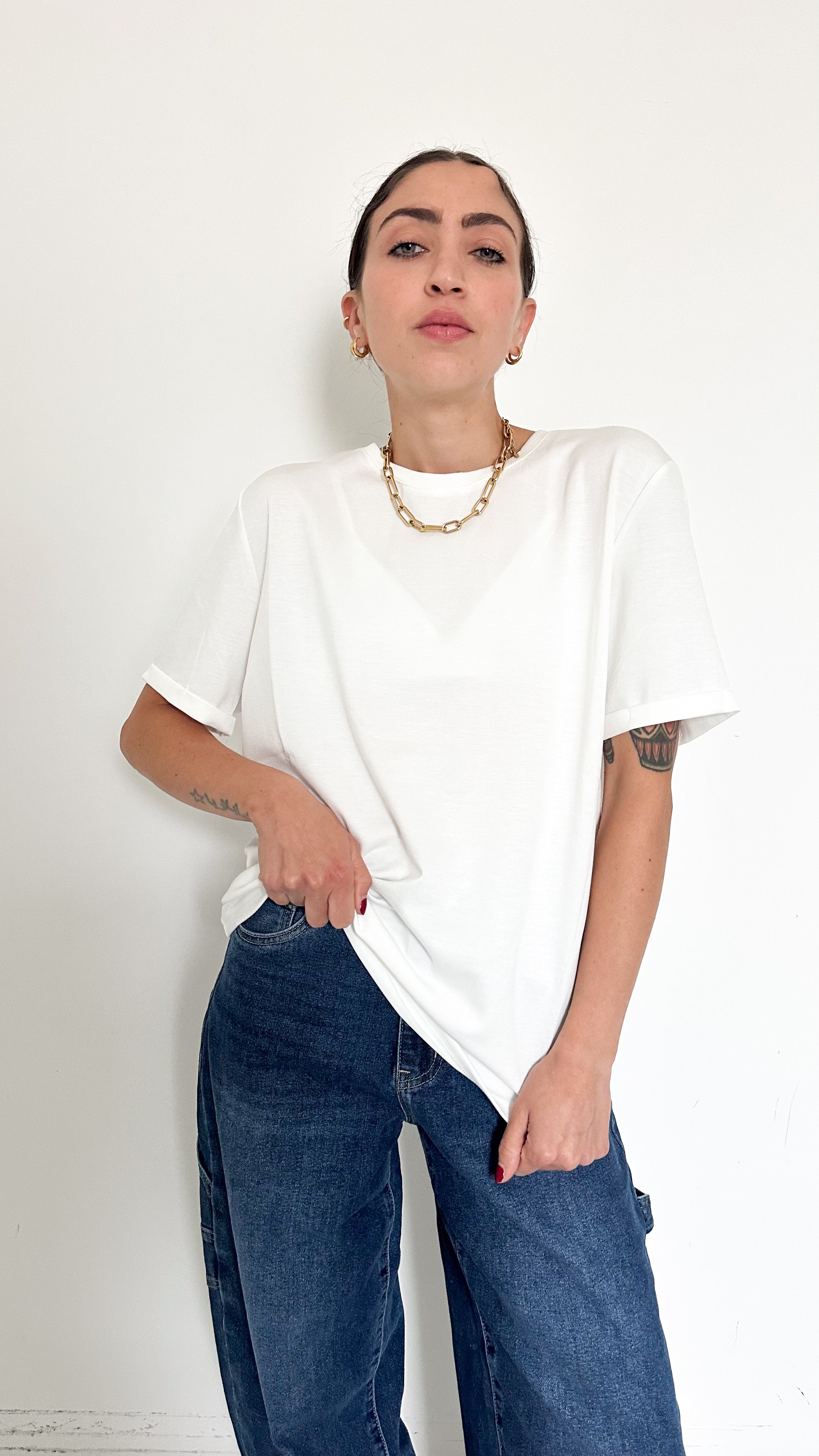 T-Shirt Bianca Con Risvolto