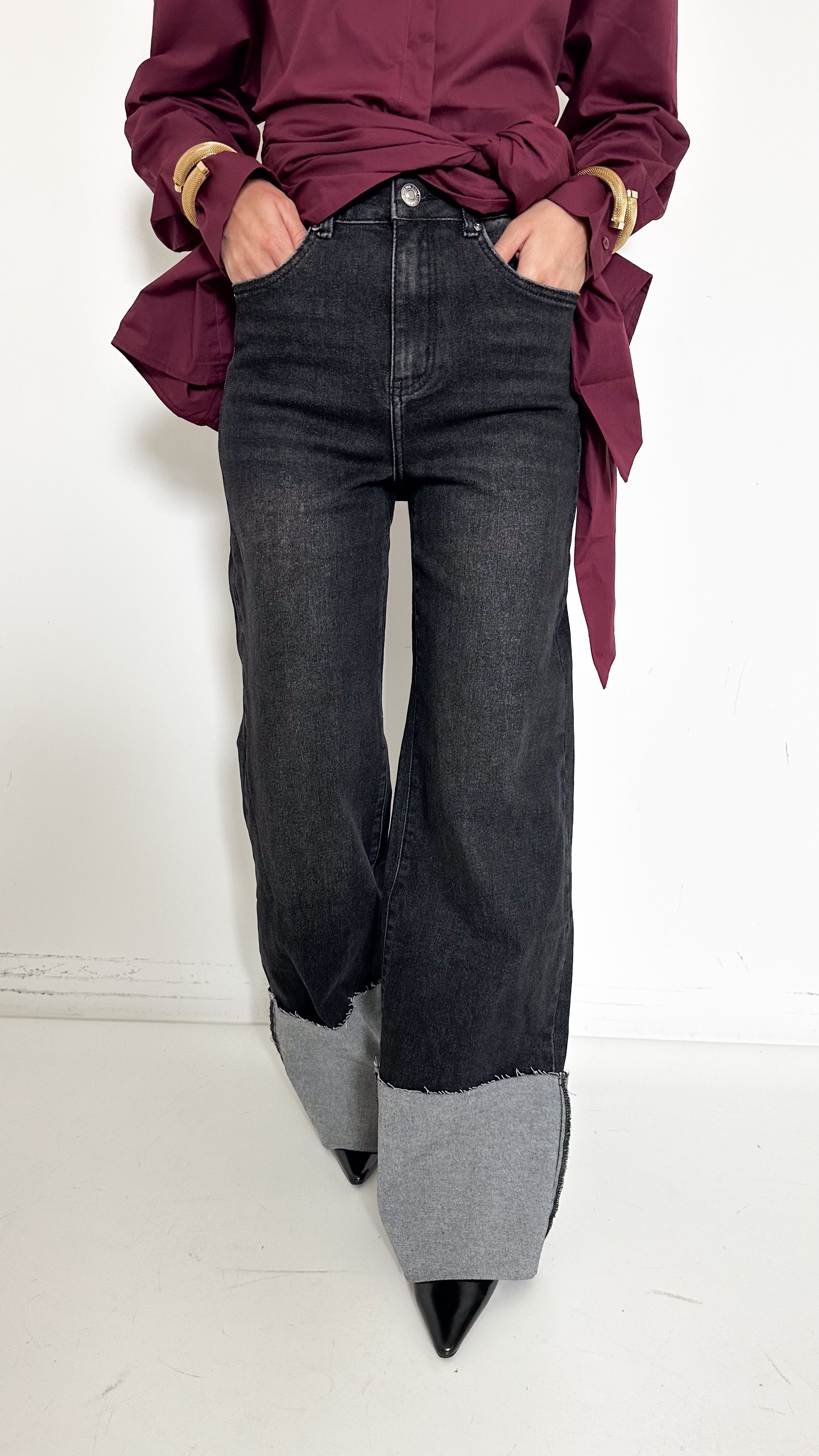 Jeans Wide Baggy Con Risvolto