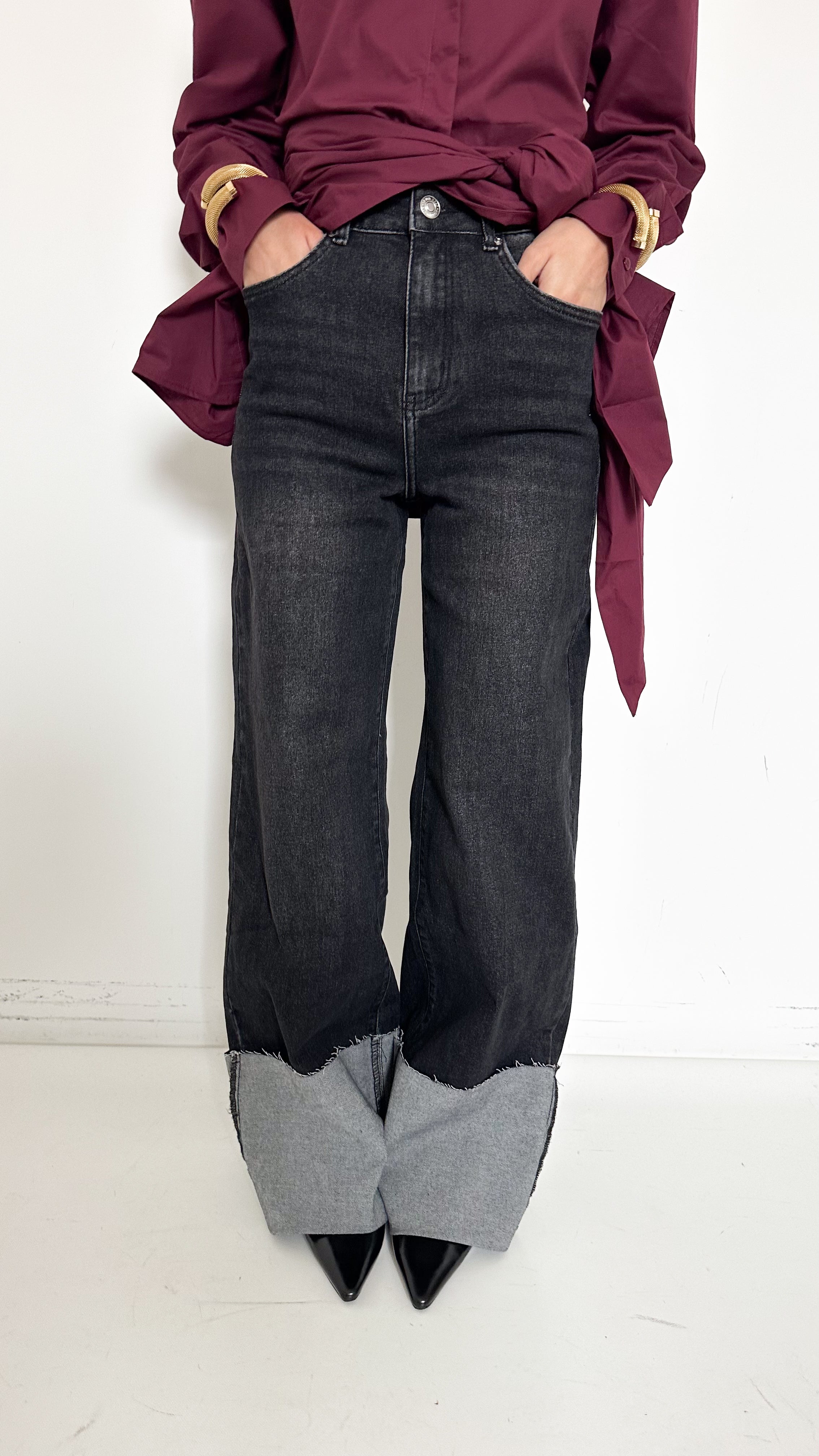 Jeans Wide Baggy Con Risvolto