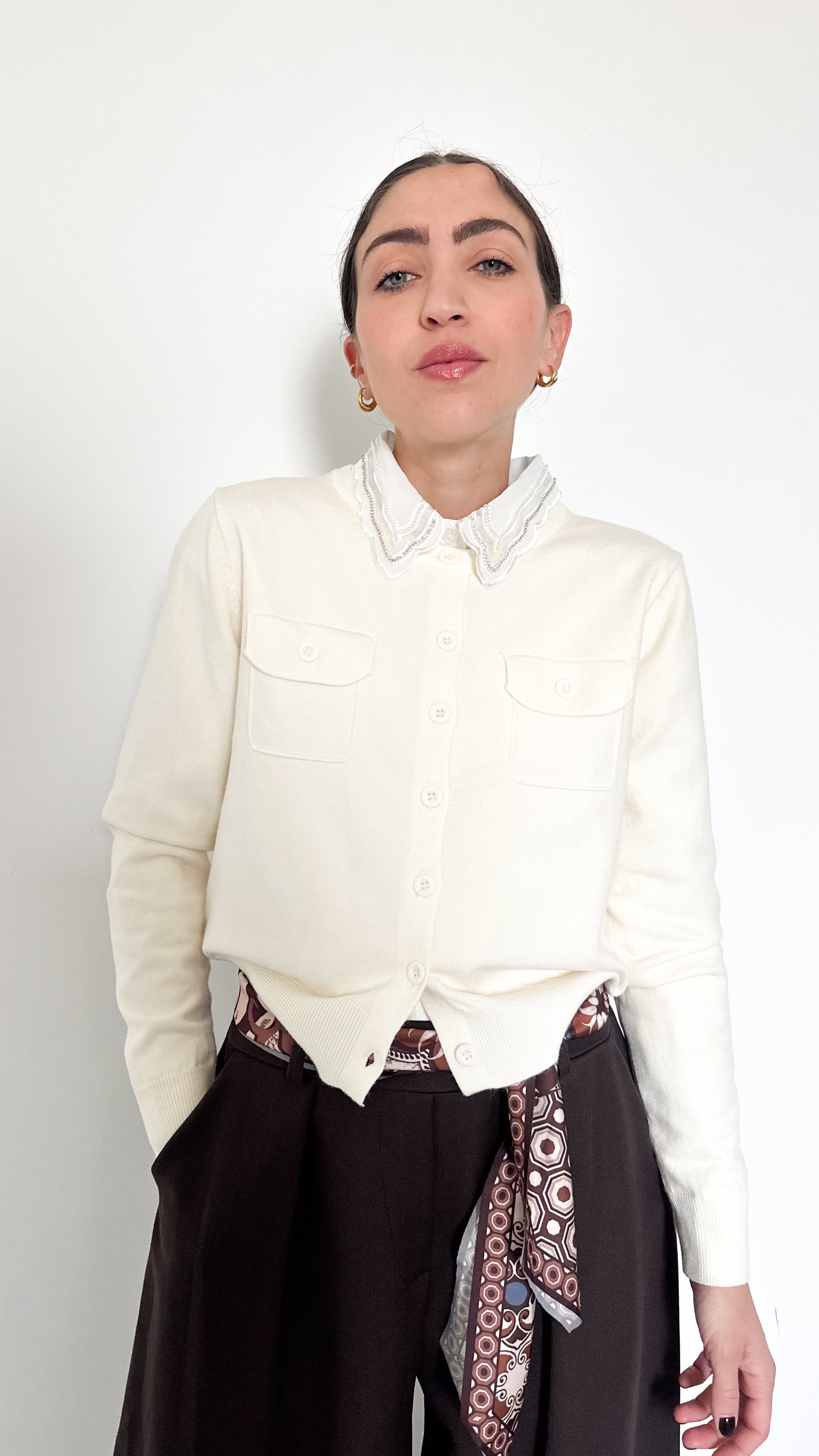 Cardigan Con Tasche Panna