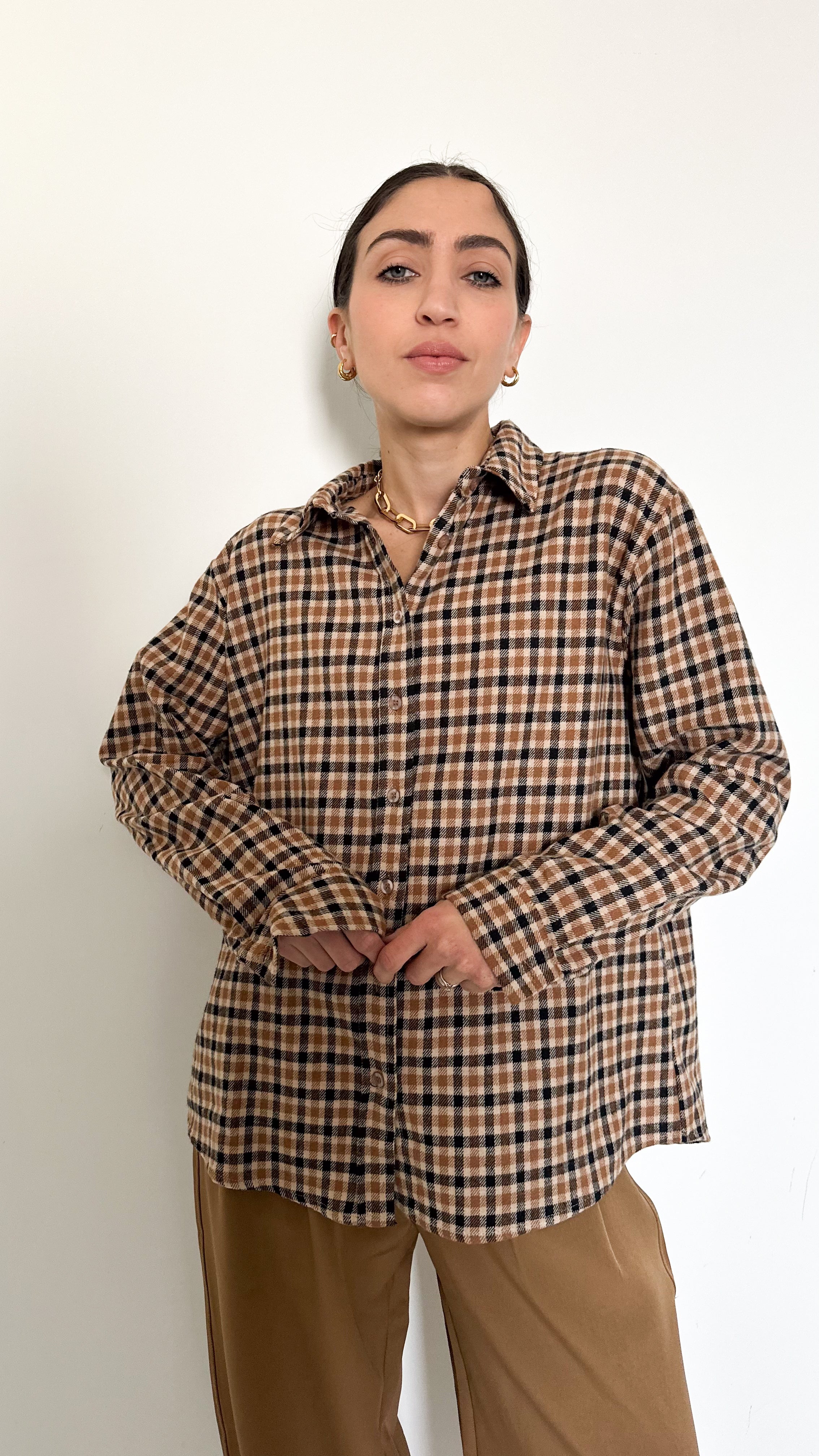 Camicia A Quadretti Beige