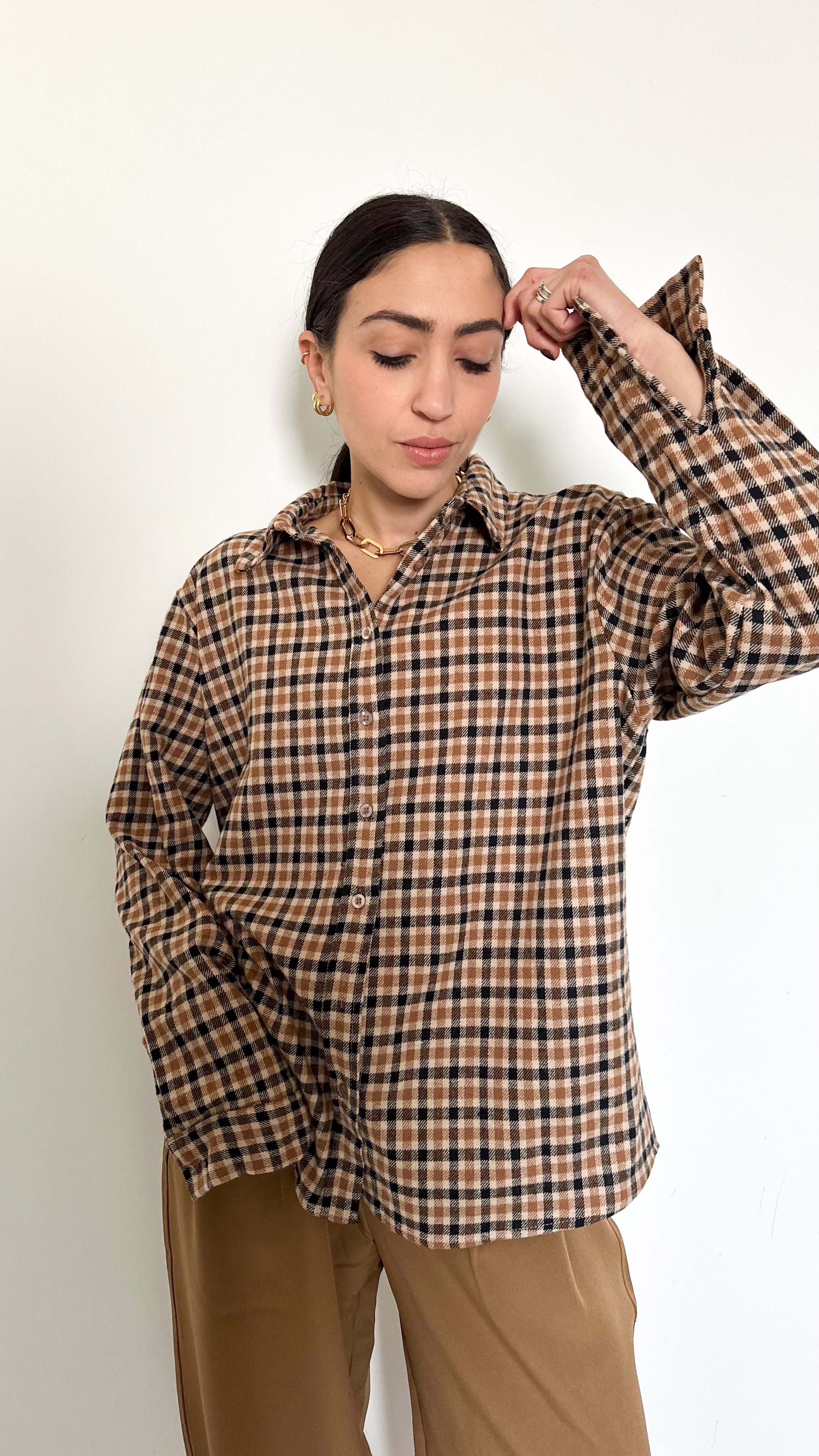 Camicia A Quadretti Beige