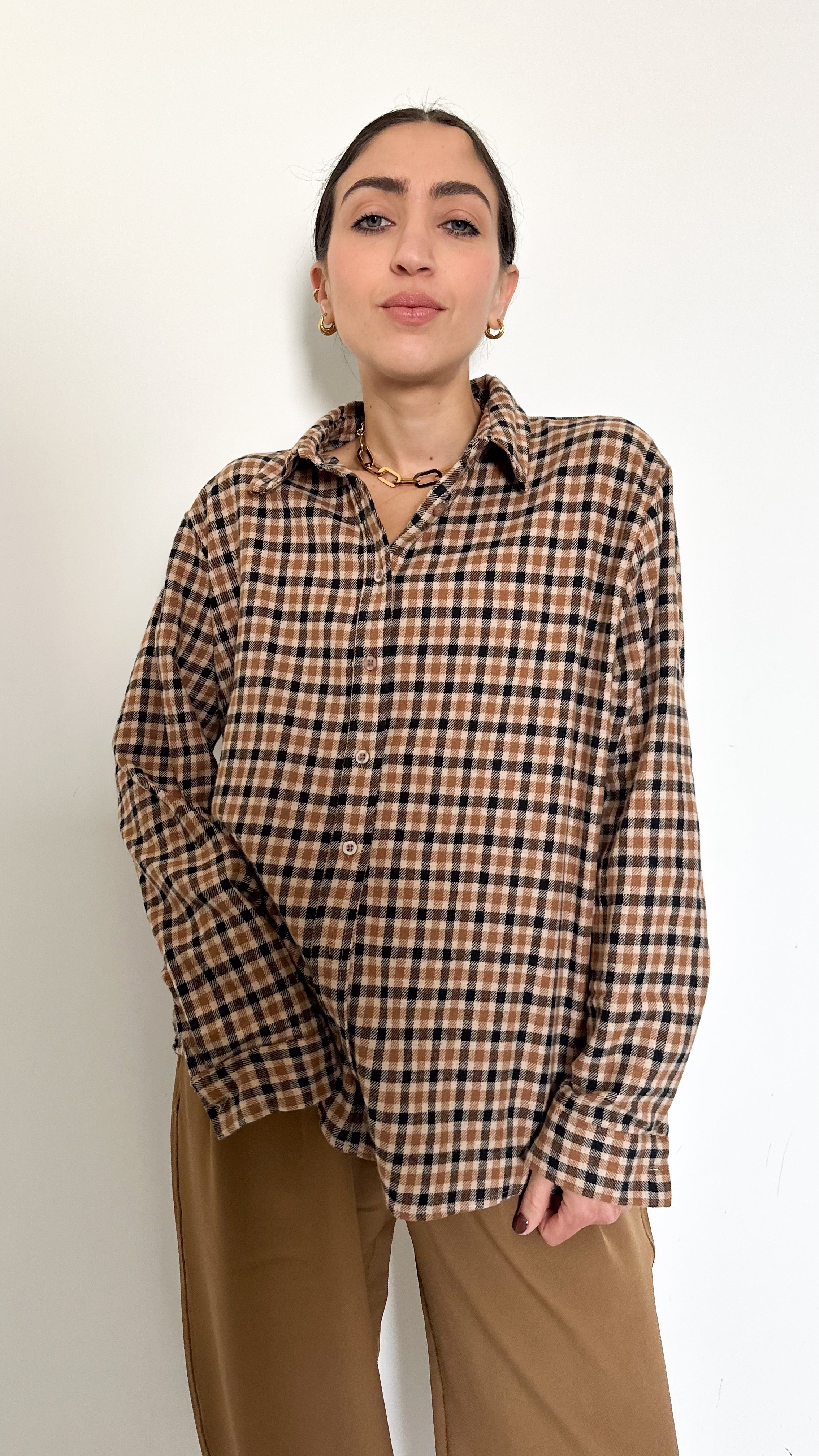 Camicia A Quadretti Beige