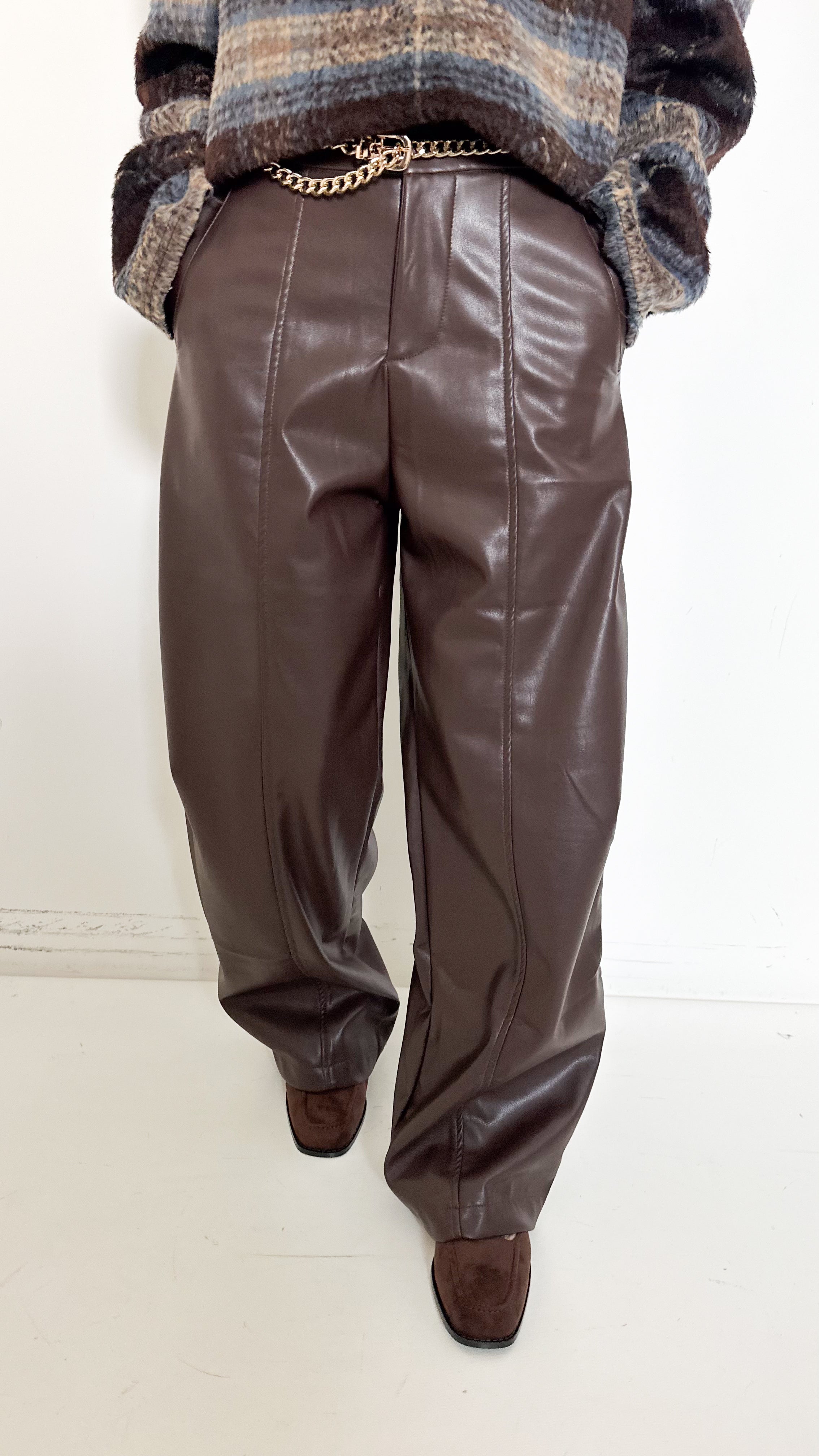 Pantaloni Marroni In Ecopelle