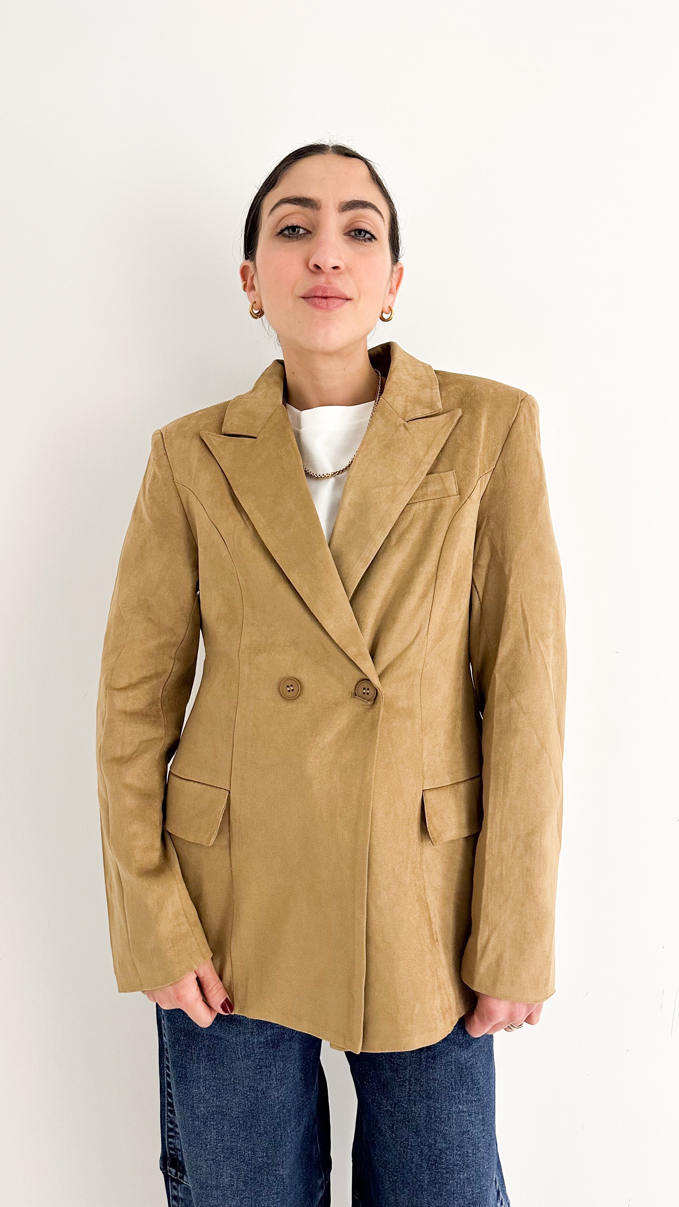 Blazer Doppiopetto Effetto Scamosciato Beige
