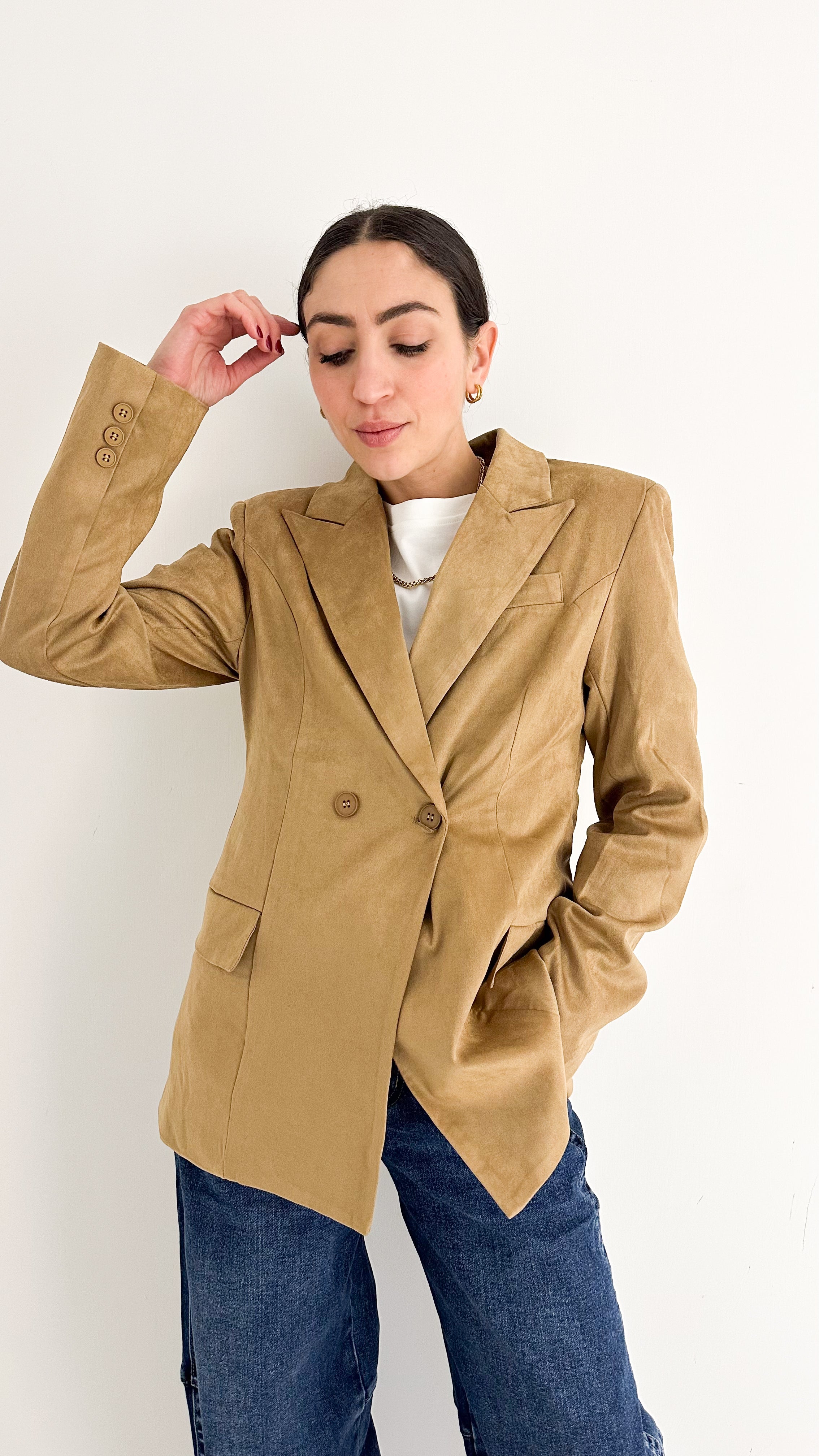 Blazer Doppiopetto Effetto Scamosciato Beige