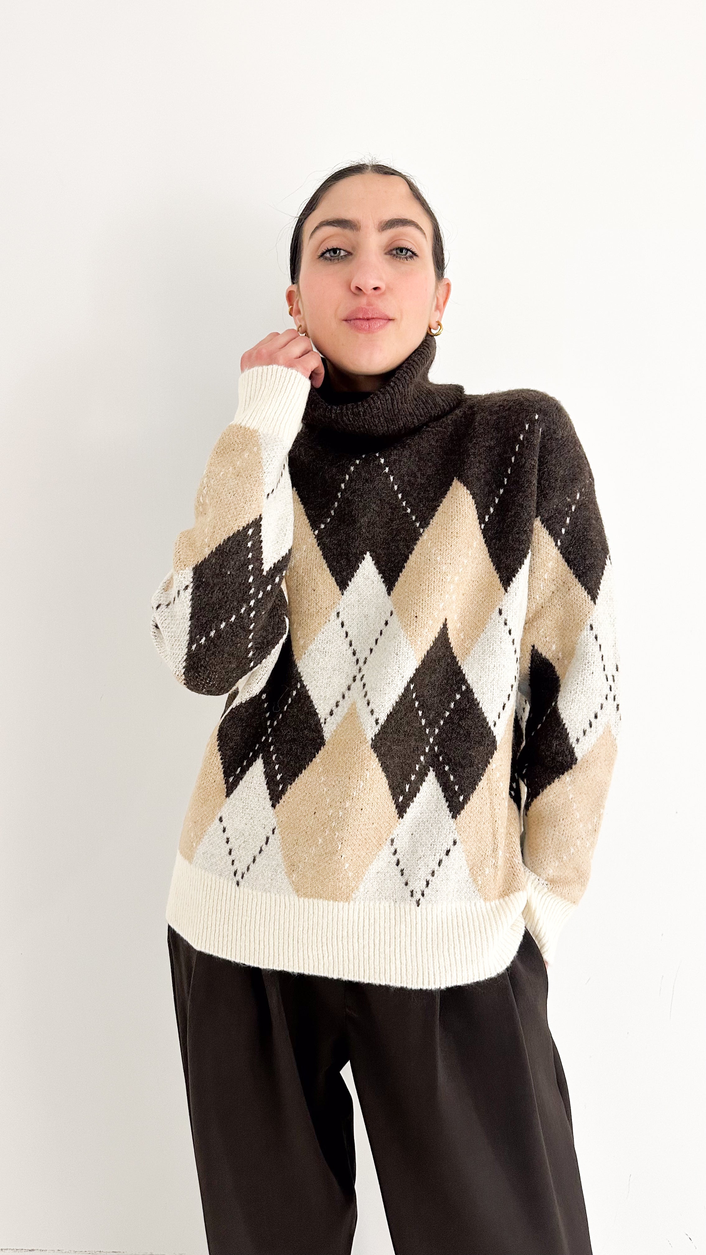 Pull Collo Alto Marrone A Fantasia