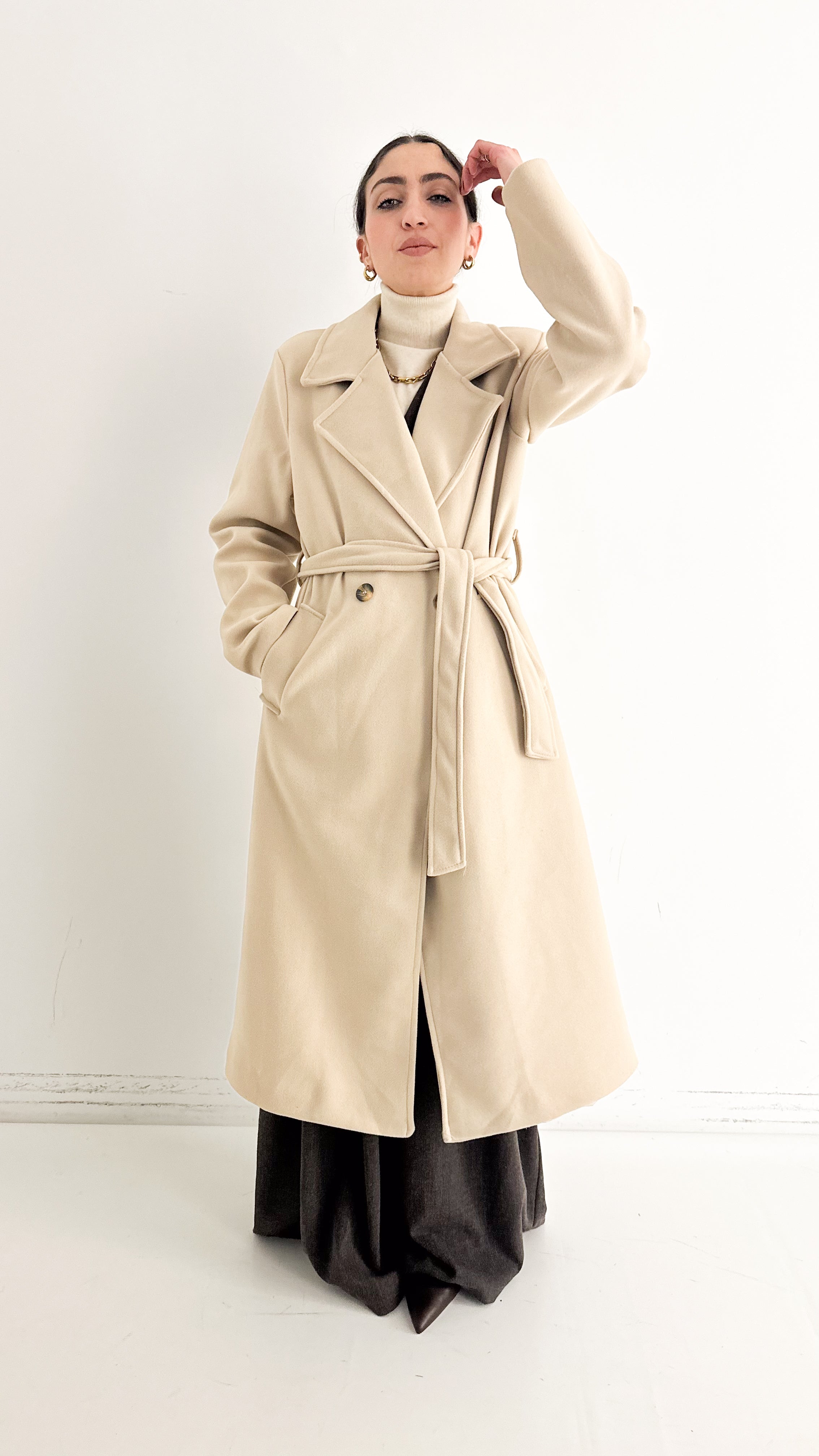 Cappotto Con Cintura Panna