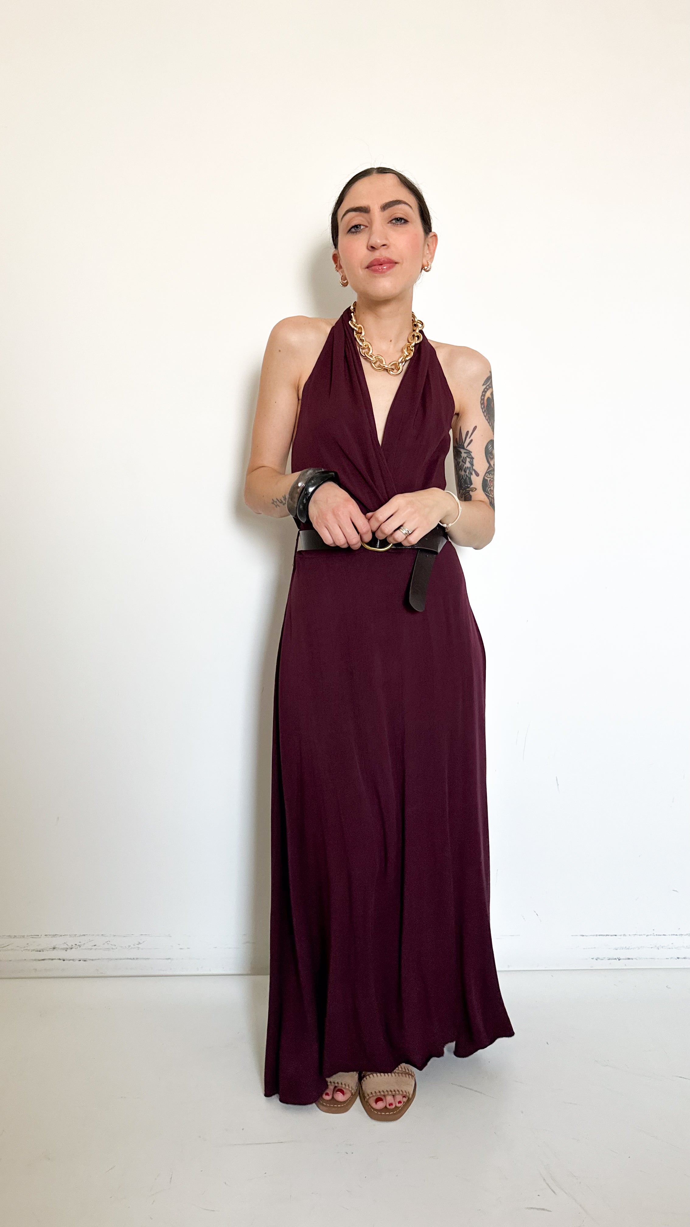 Vestito Bordeaux In Viscosa Con Cintura