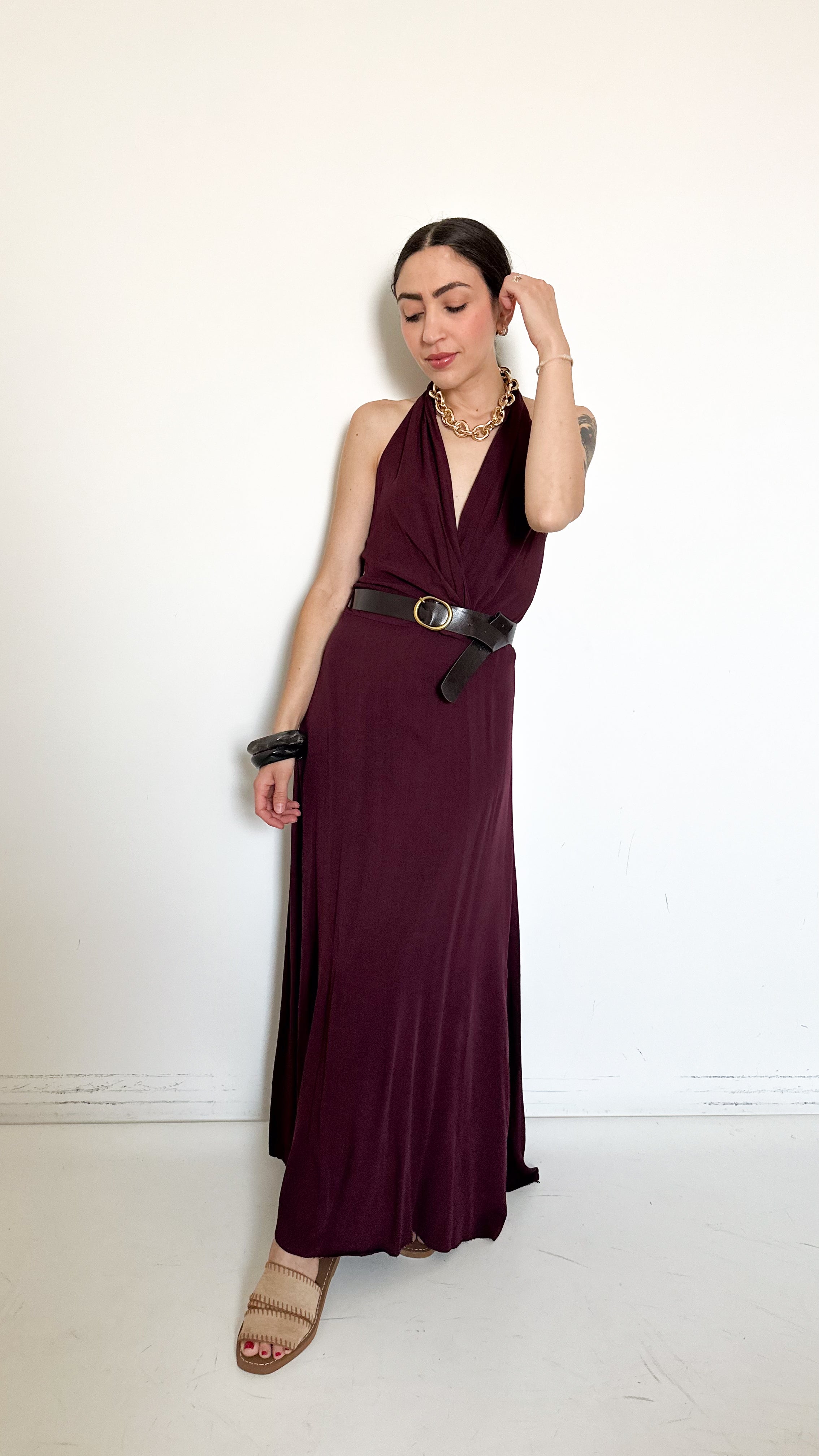Vestito Bordeaux In Viscosa Con Cintura